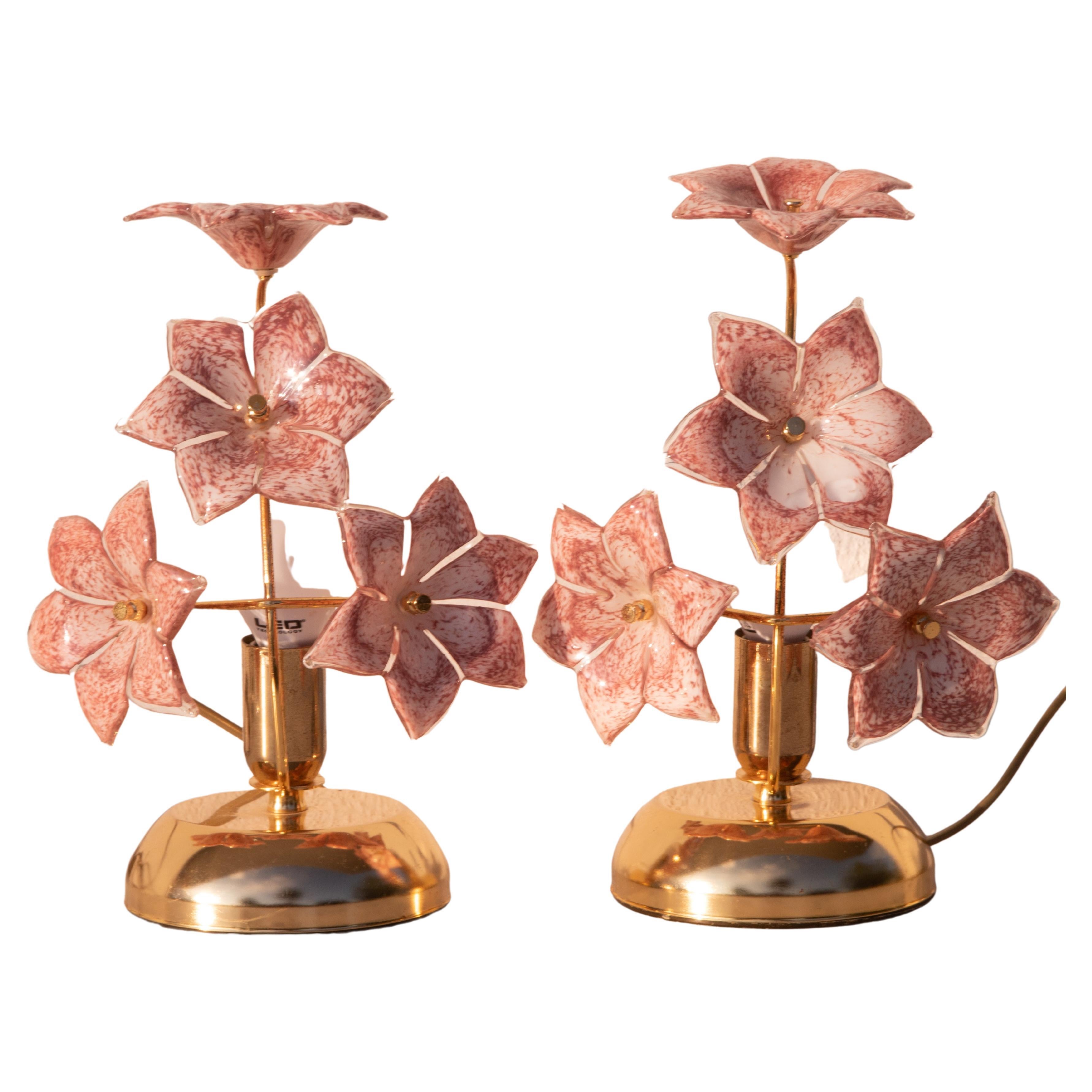 Set of 2 Murano Table Lamps Pink Flower, 1970 For Sale