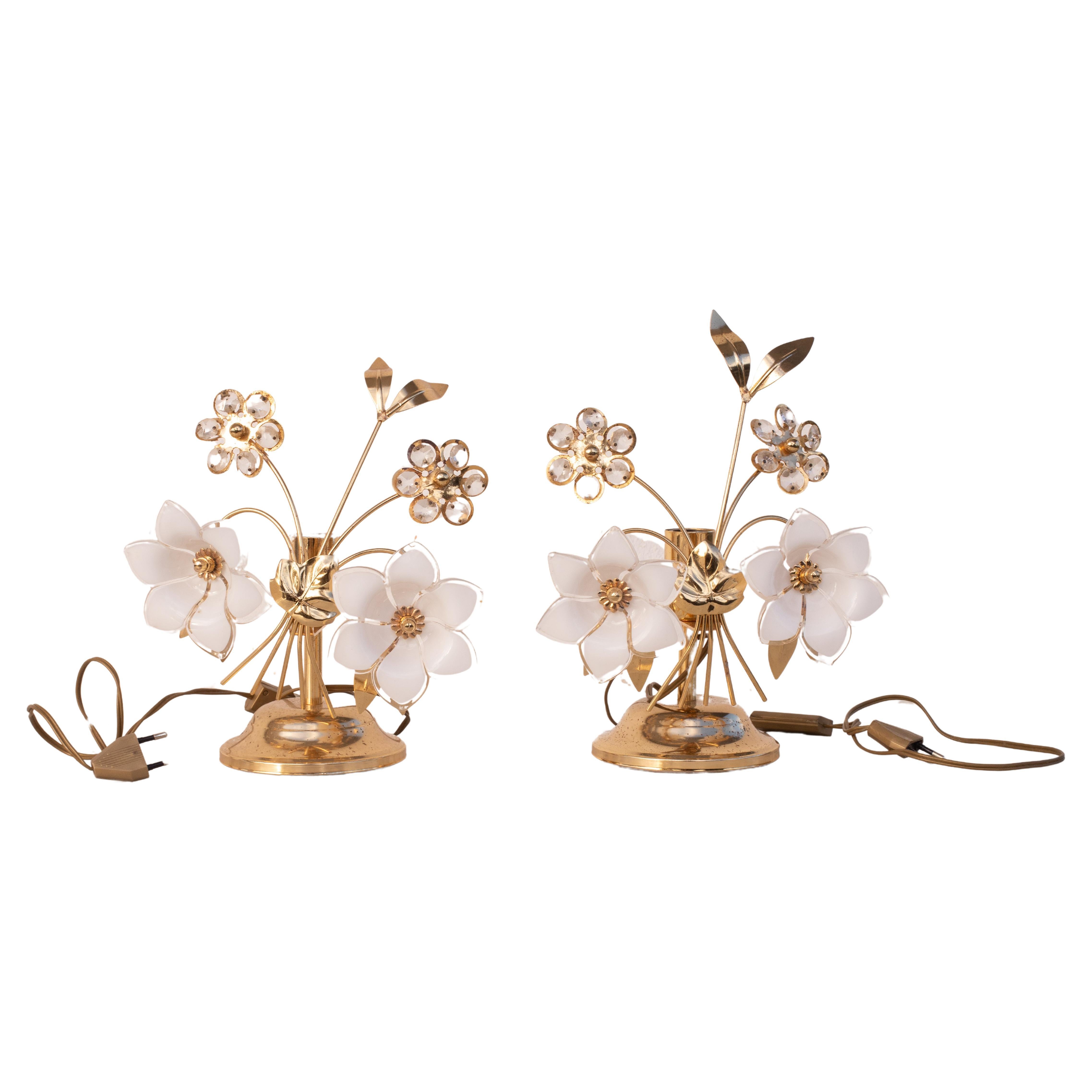 Set of 2 Murano Table Light White Flowers, 1970s For Sale