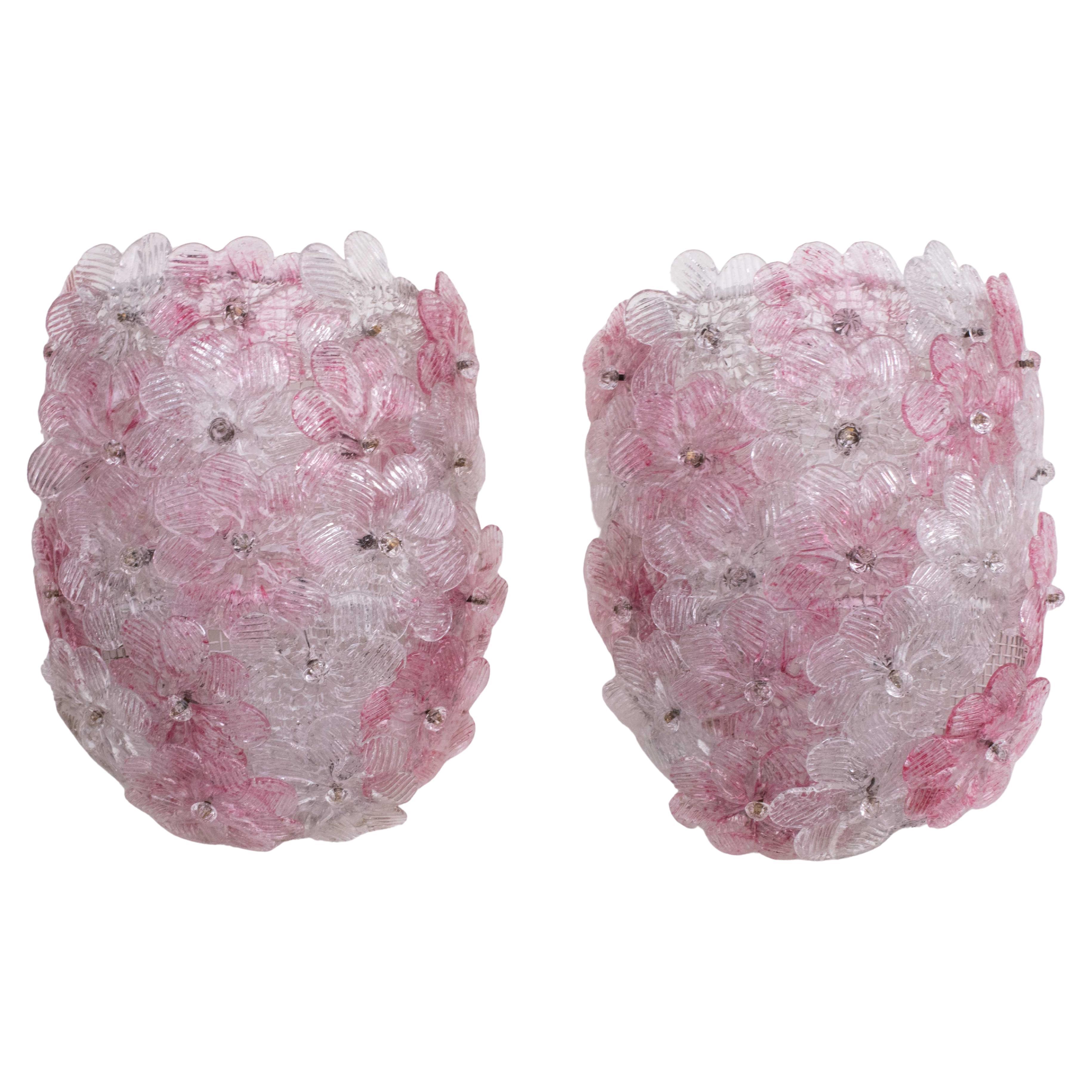 Set of 2 Murano Wall Light Pink Flower by Seguso, 1970