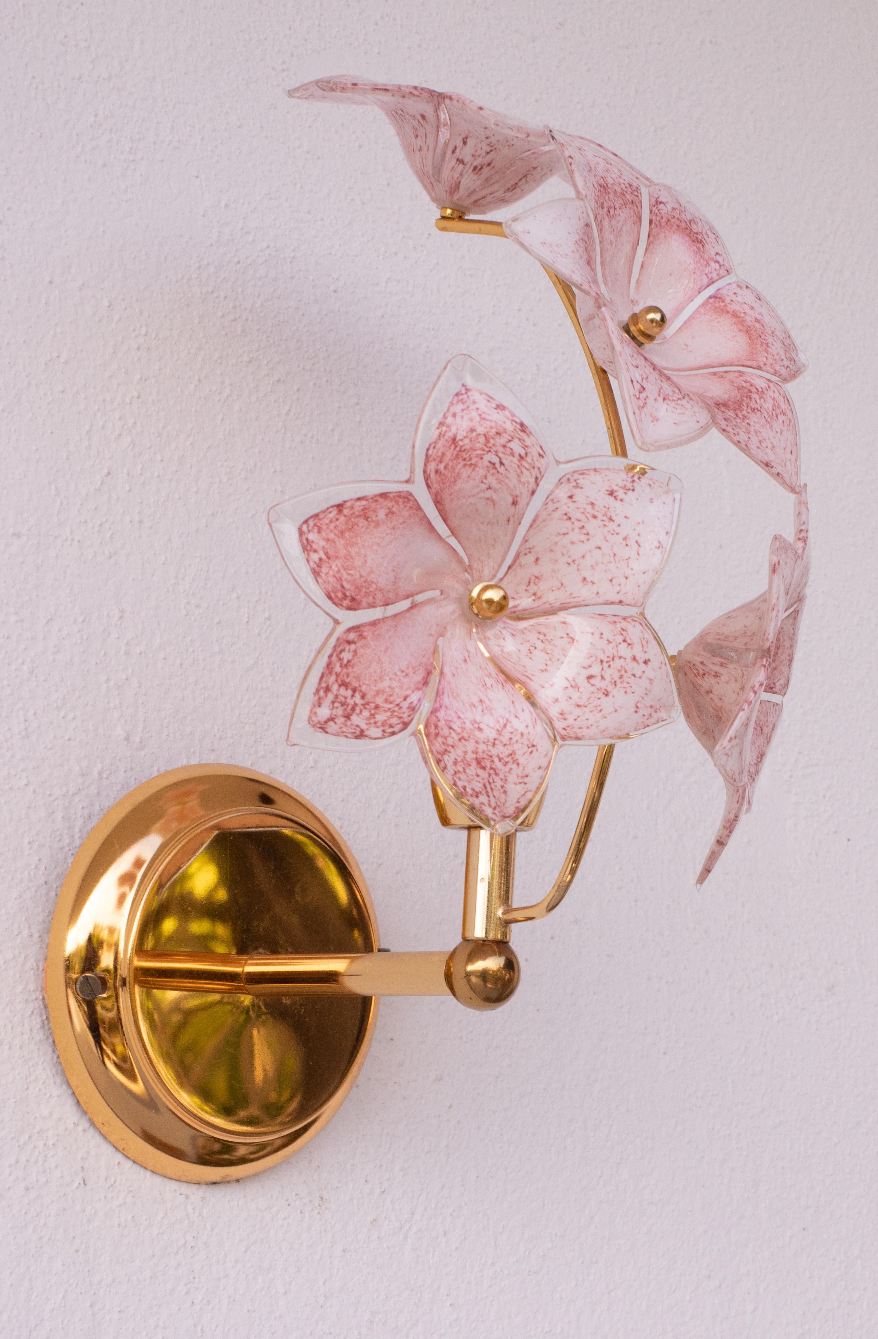 Murano Glass Set of 2 Murano Wall Light Pink Flowers, 1970s For Sale