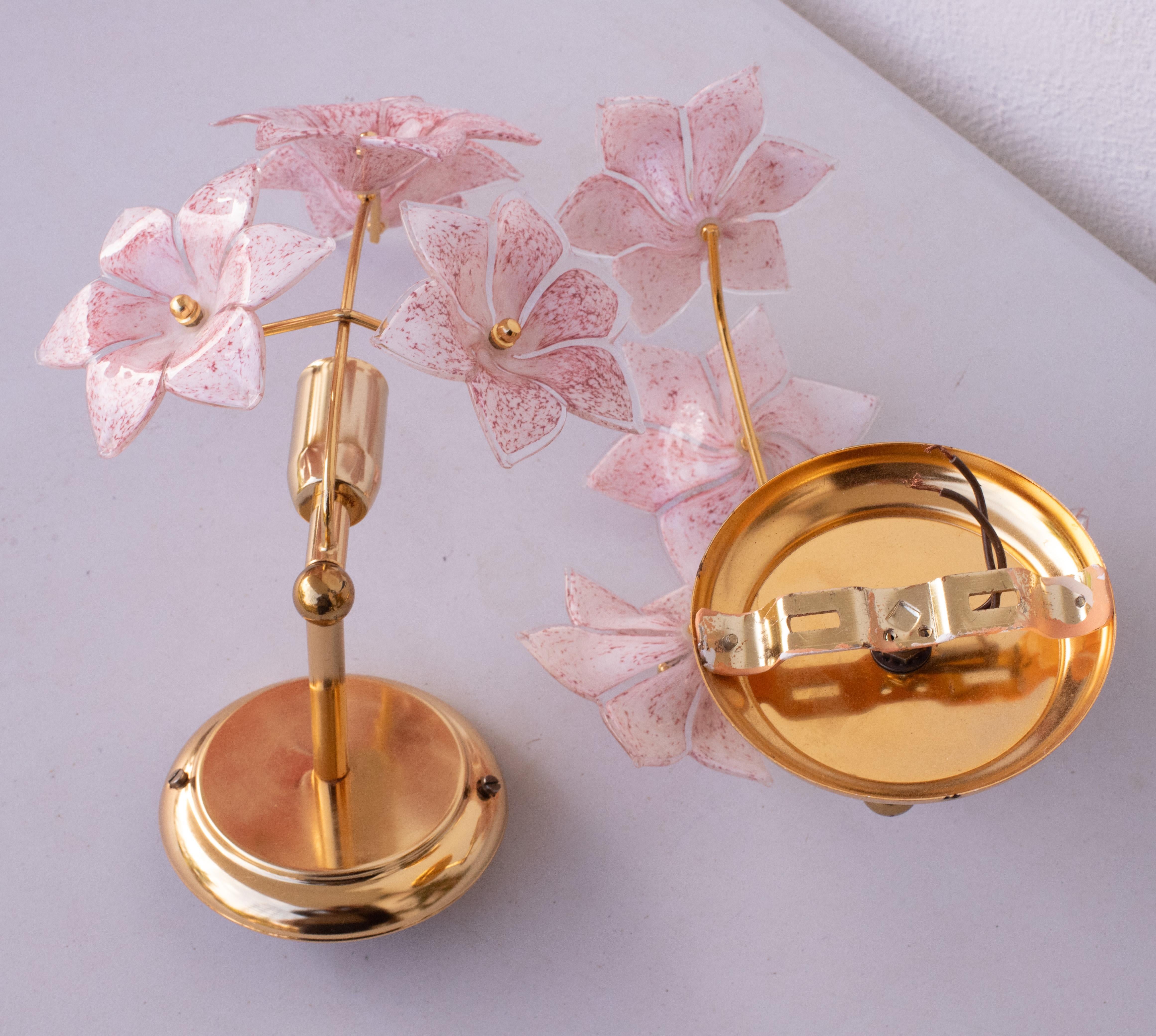 Set of 2 Murano Wall Light Pink Flowers, 1970s For Sale 4