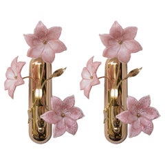 Set of 2 Murano Wall Light Pink Flowers, 1970s