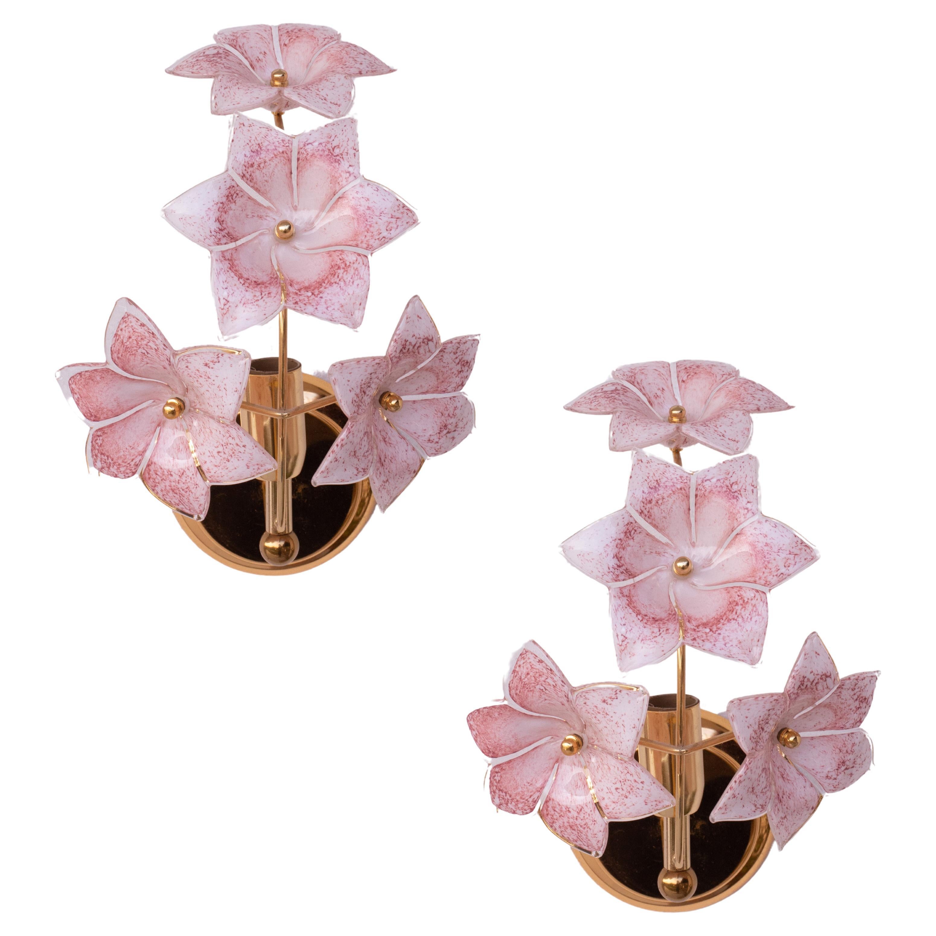 Set of 2 Murano Wall Light Pink Flowers, 1970s For Sale