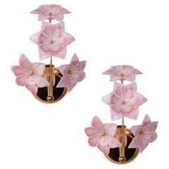 Vintage Set of 2 Murano Wall Light Pink Flowers, 1970s