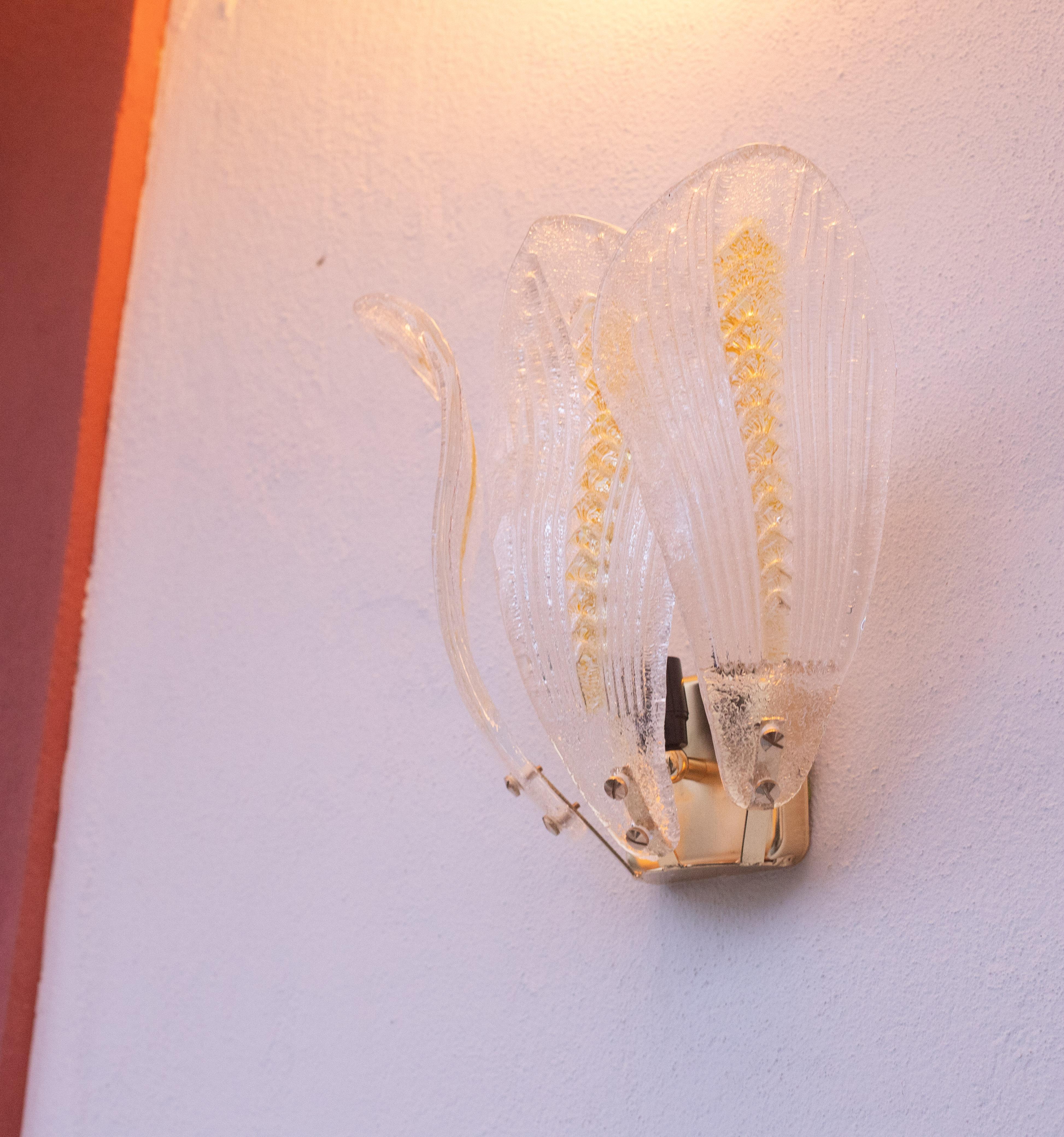 Set of 2 Murano Wall Light Yellow and Transparent Leaves, 1980s For Sale 6