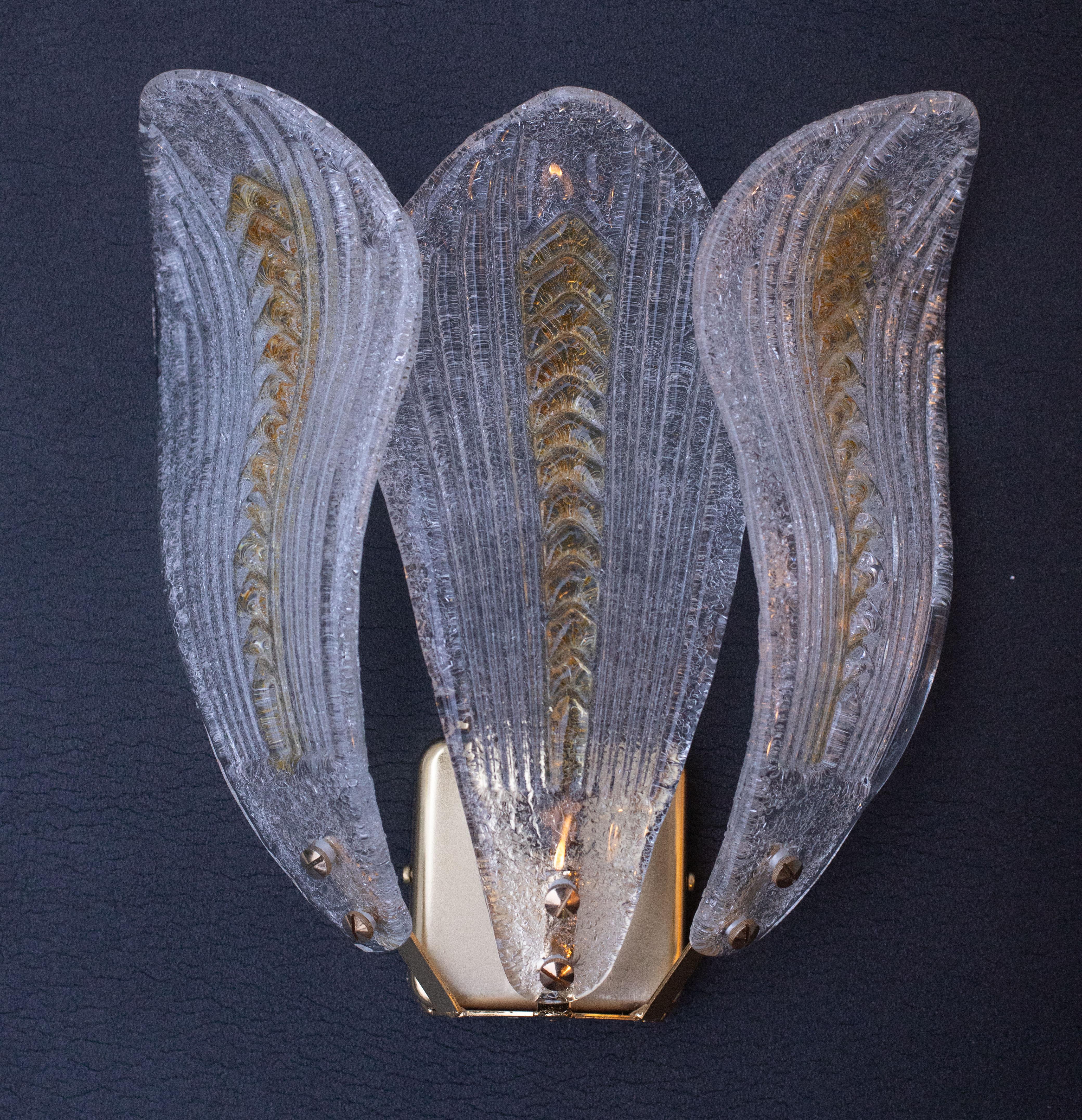 Set of 2 Murano Wall Light Yellow and Transparent Leaves, 1980s For Sale 7