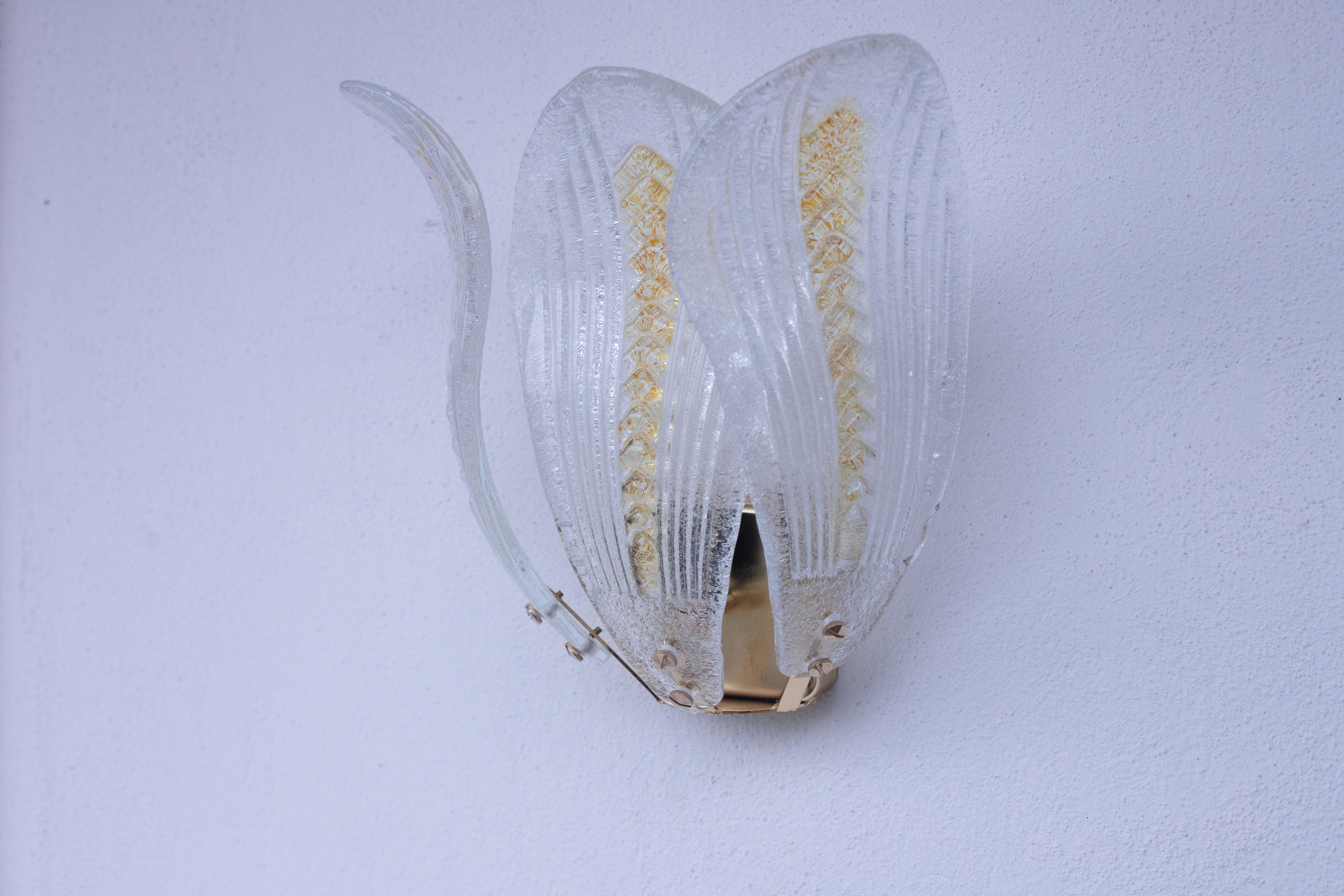 Murano Glass Set of 2 Murano Wall Light Yellow and Transparent Leaves, 1980s For Sale