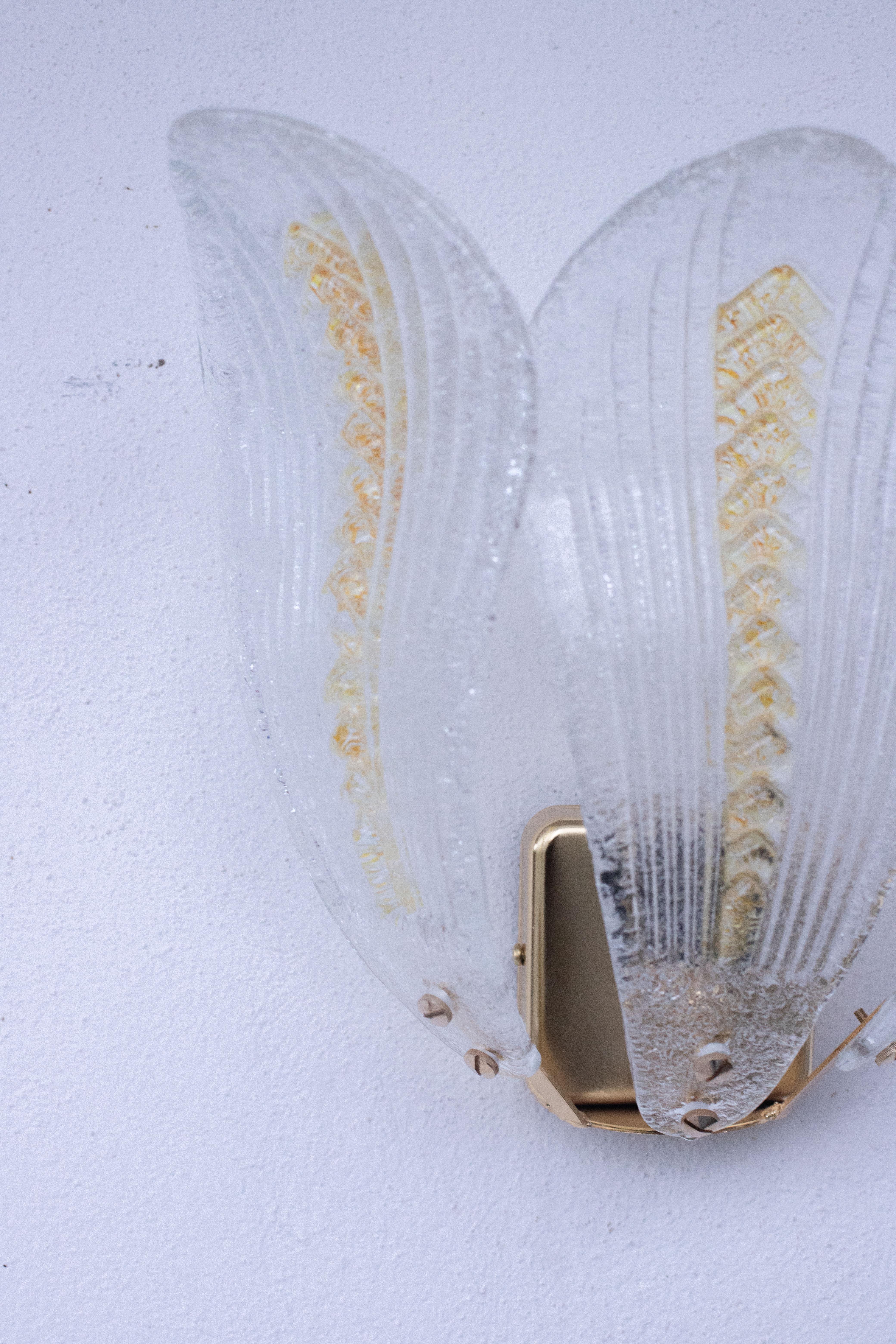 Set of 2 Murano Wall Light Yellow and Transparent Leaves, 1980s For Sale 1