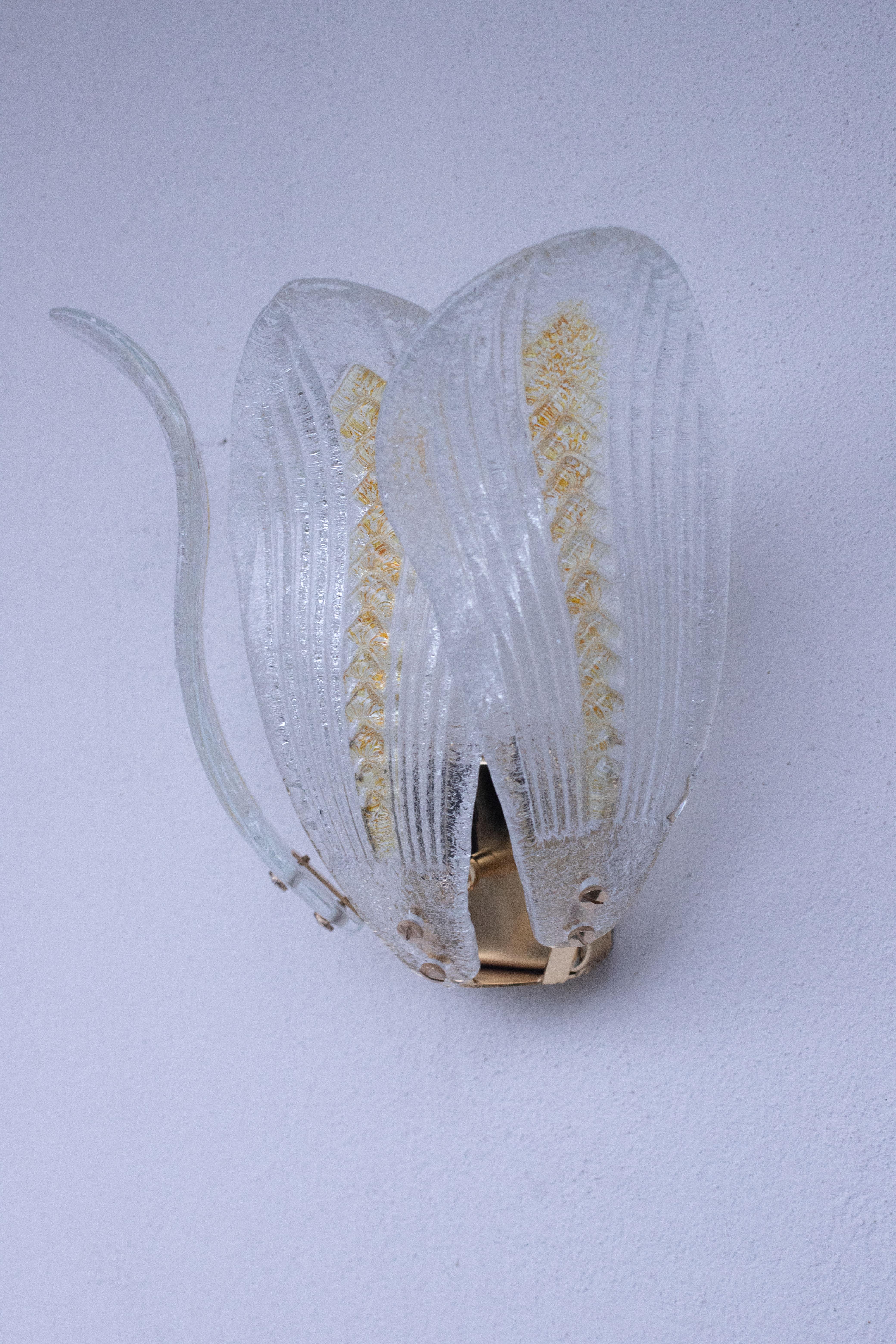 Set of 2 Murano Wall Light Yellow and Transparent Leaves, 1980s For Sale 2