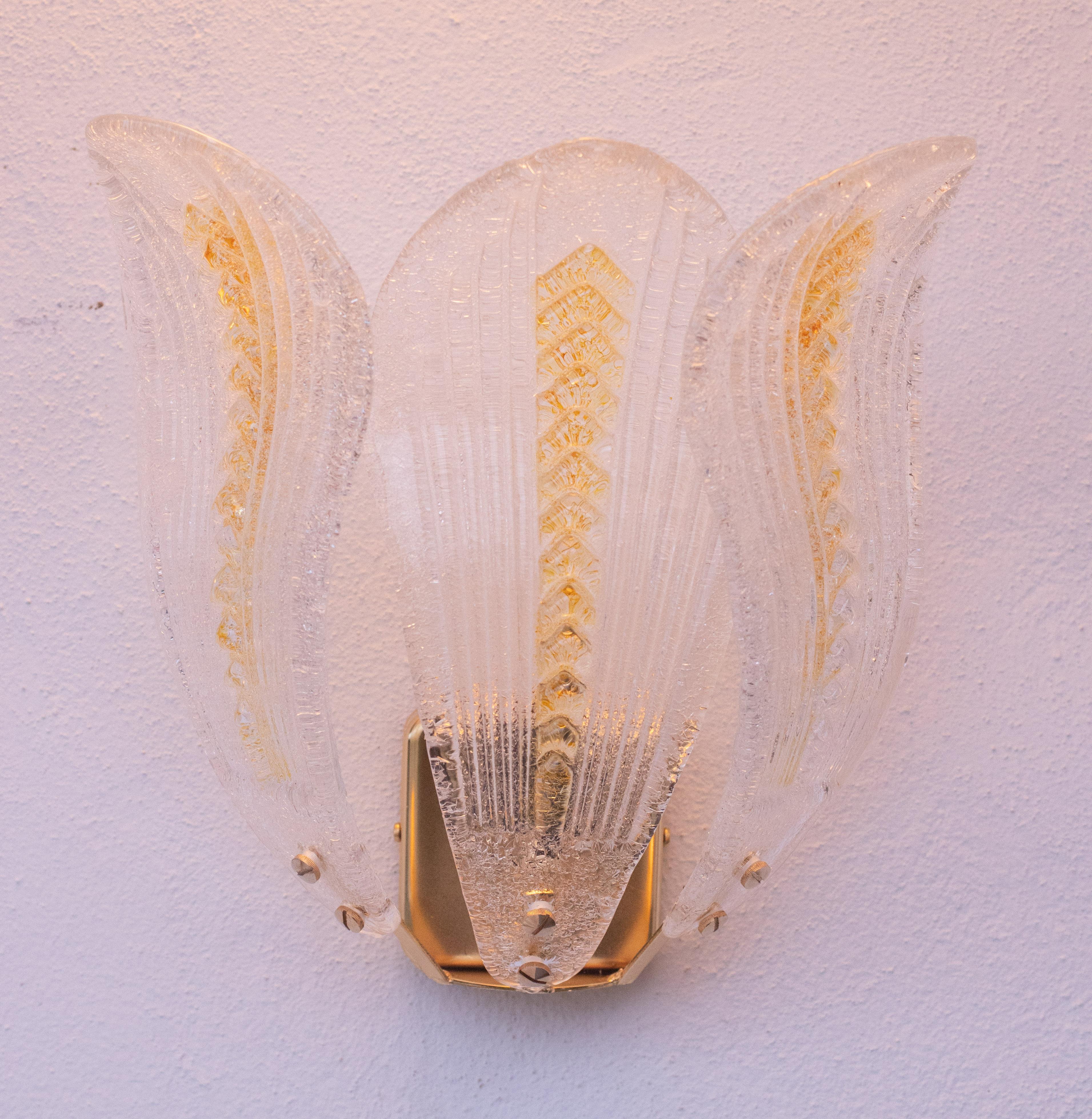 Set of 2 Murano Wall Light Yellow and Transparent Leaves, 1980s For Sale 4