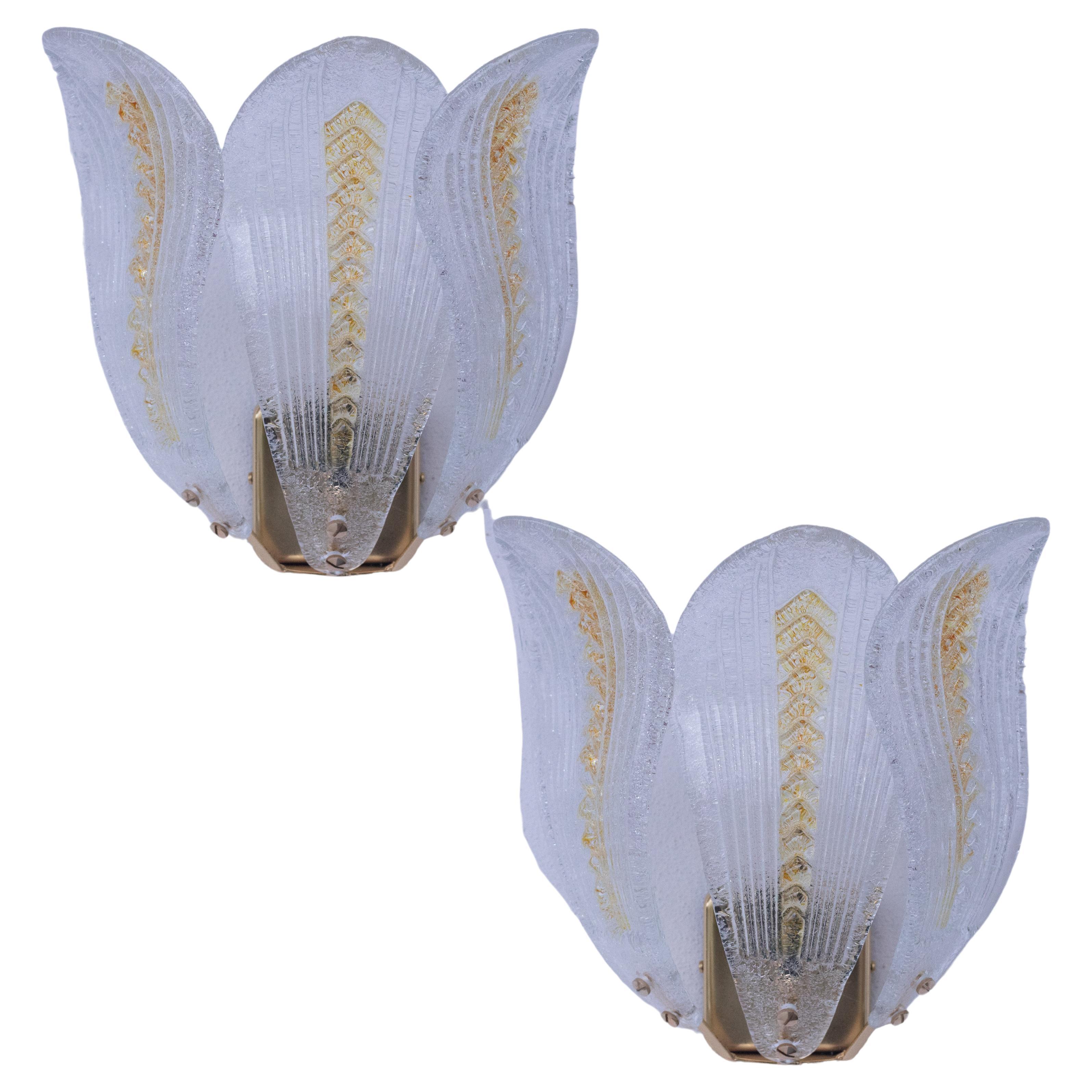 Set of 2 Murano Wall Light Yellow and Transparent Leaves, 1980s For Sale