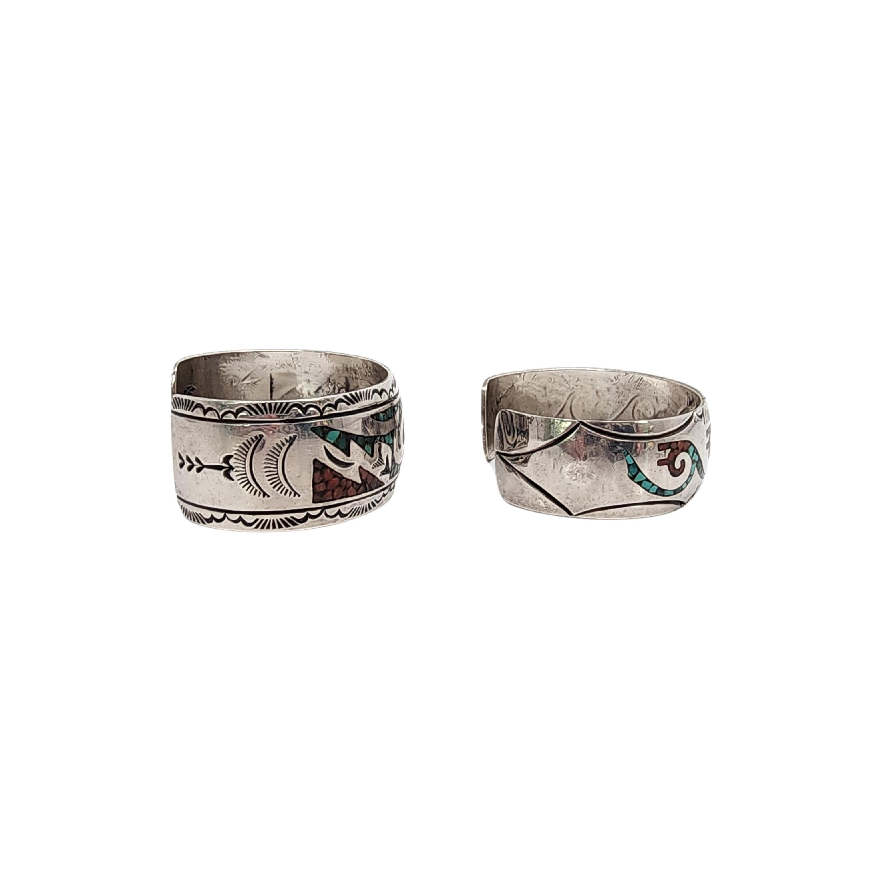 Cabochon Set of 2 Native American Crushed Turquoise Silver Cuff Bracelets #15358 For Sale