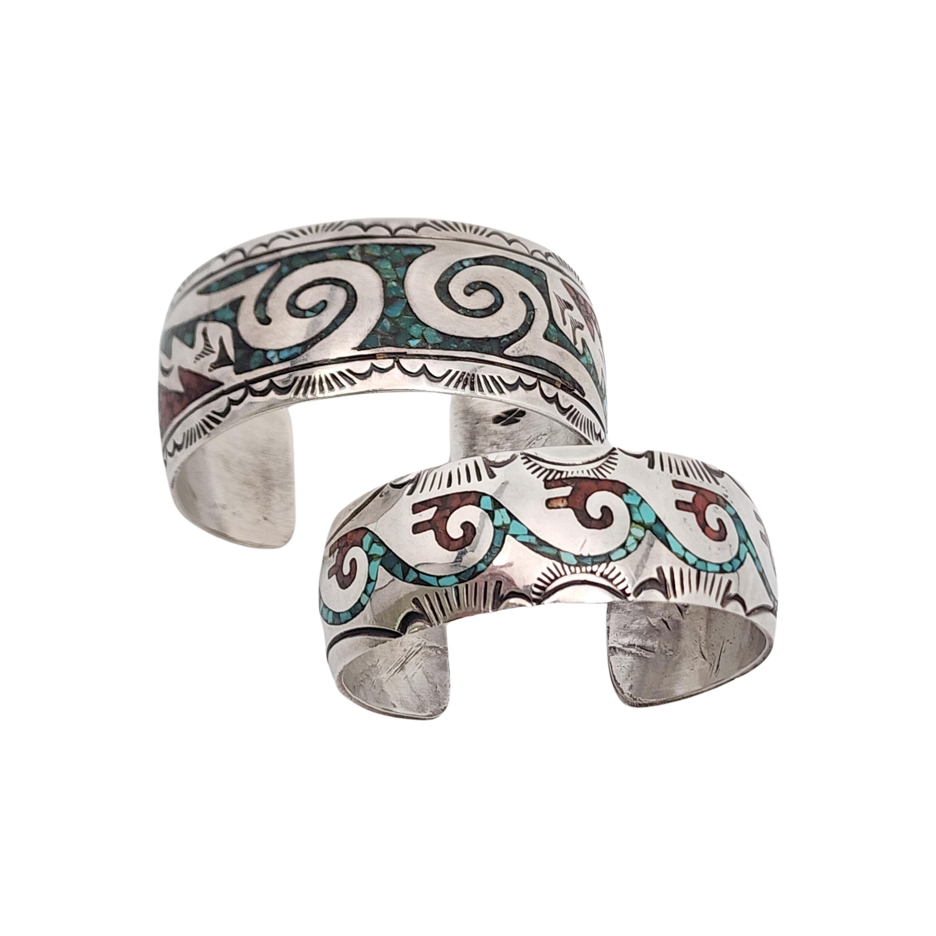 Women's Set of 2 Native American Crushed Turquoise Silver Cuff Bracelets #15358 For Sale