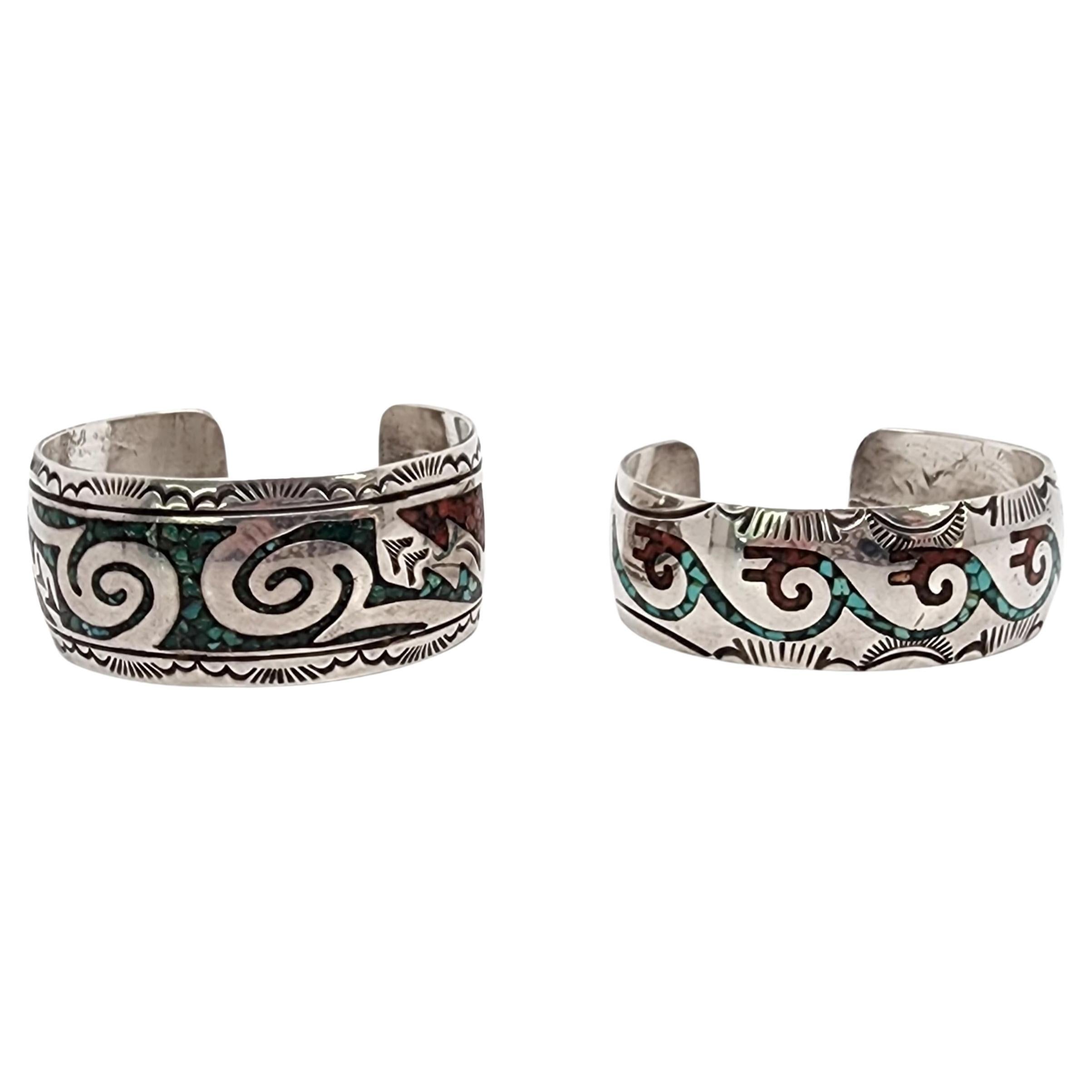 Set of 2 Native American Crushed Turquoise Silver Cuff Bracelets #15358 For Sale