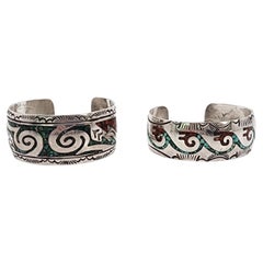 Used Set of 2 Native American Crushed Turquoise Silver Cuff Bracelets #15358