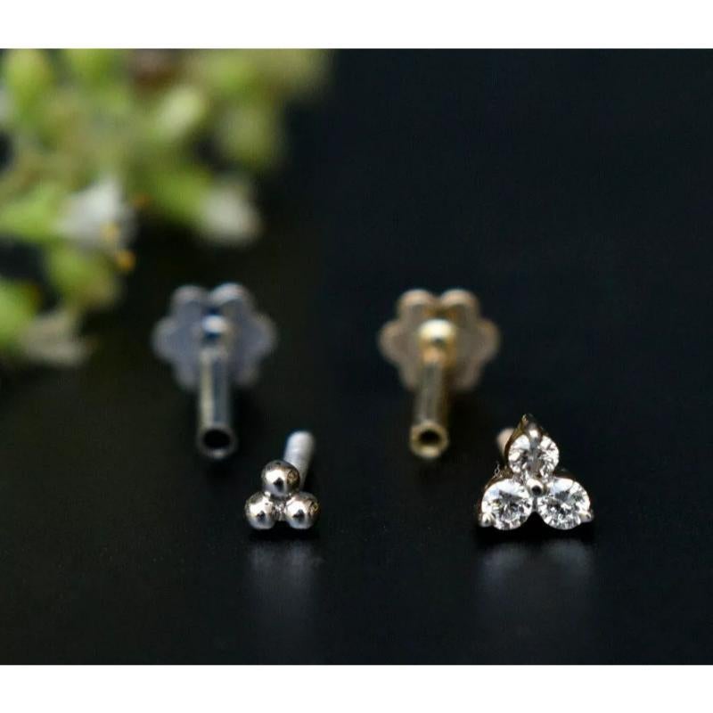Set of 2 Natural Diamond 14k Gold Trinity Stud Ear Nose Pins Body Piercing Gift.
Light weight can be worn everyday

Additional information:
Condition: New without tags
Seller Notes: “The Price Is For Single Nose/Earring Piercing Set.”
Base Metal: