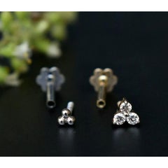 Set of 2 Natural Diamond 14k Gold Trinity Stud Ear Nose Pins Body Piercing Gift