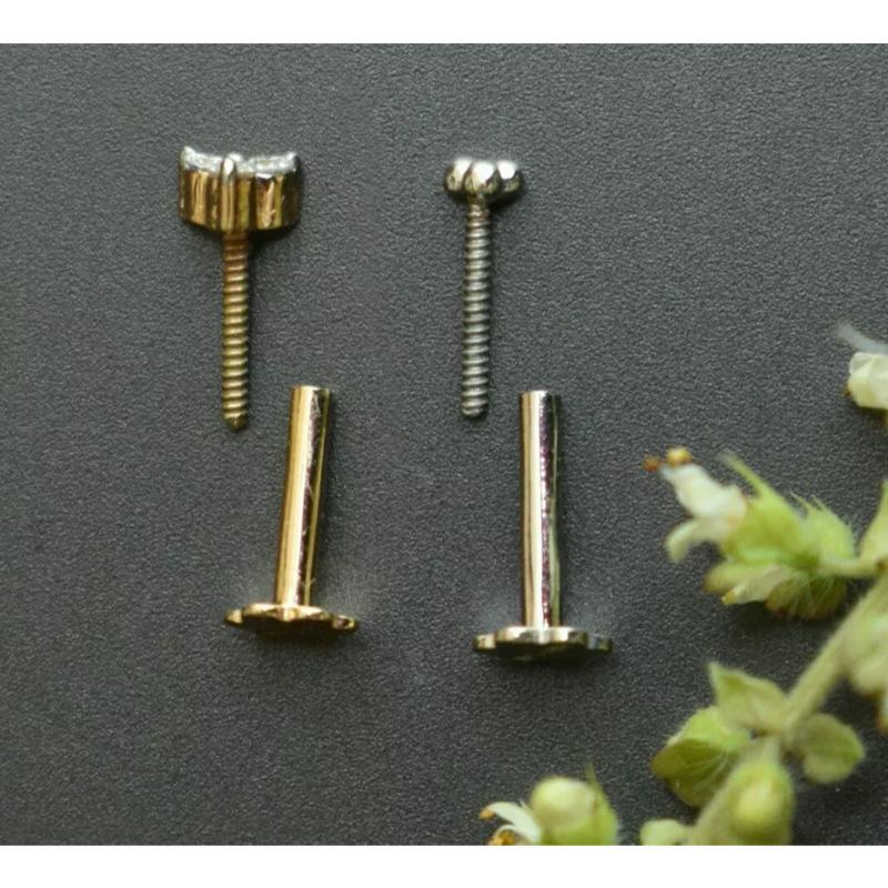 Round Cut Set of 2 Natural Diamond 14k Gold Trinity Stud Ear Nose Pins Body Piercing Gift For Sale