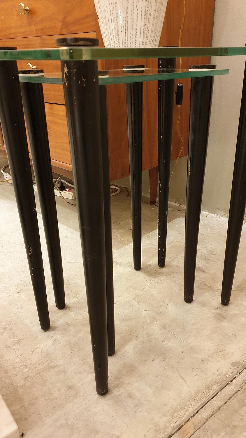 Nesting Two Mid-Century Modern Side Tables, Glass & Black Wood Legs, Italy, 1960 In Fair Condition In Dallas, TX