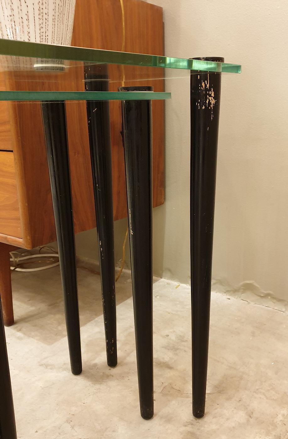 Mid-20th Century Nesting Two Mid-Century Modern Side Tables, Glass & Black Wood Legs, Italy, 1960