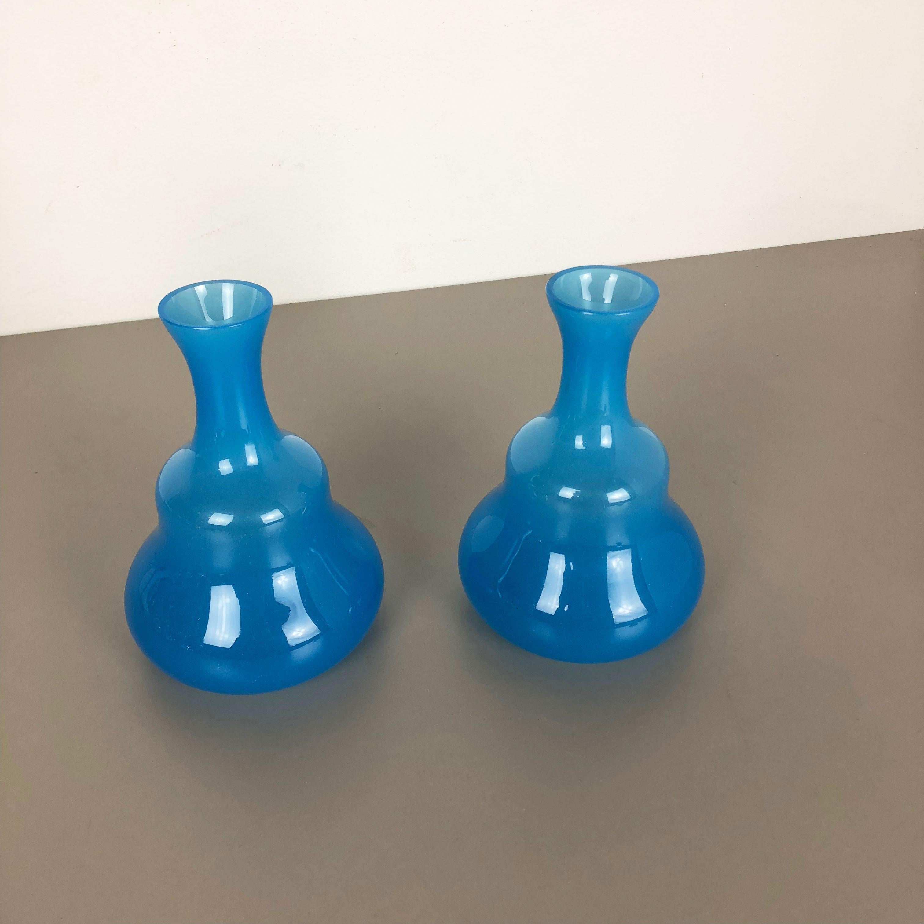 Mid-Century Modern Set of 2 New Old Stock Blue Murano Opaline Glass Vases by Gino Cenedese, 1960s