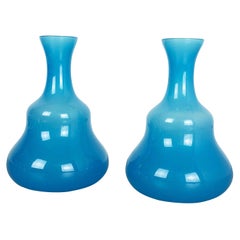 Set of 2 New Old Stock Blue Murano Opaline Glass Vases by Gino Cenedese, 1960s