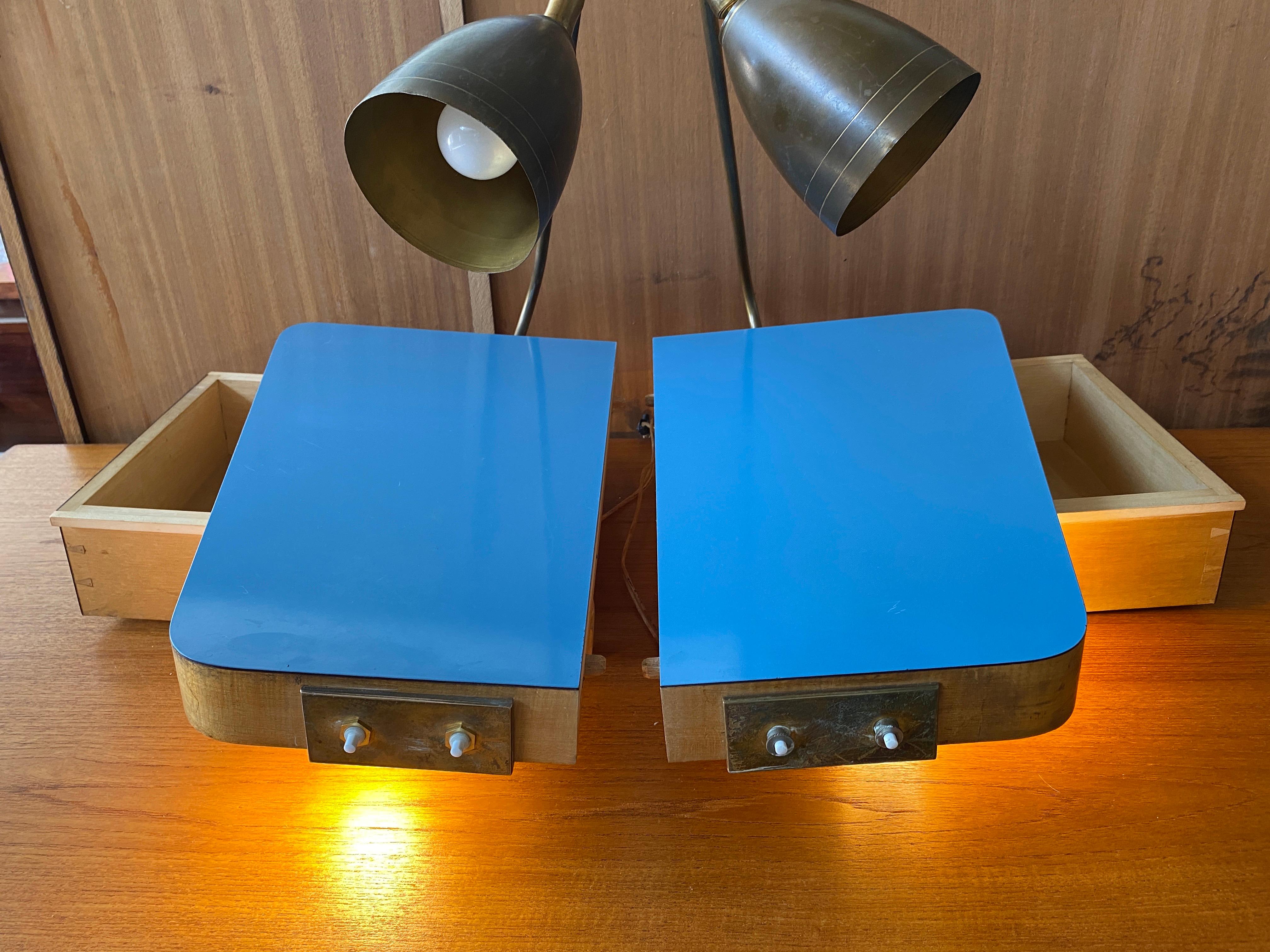 French Set of 2 Night Stand with Double Lighting Lamps, Circa 1950 For Sale