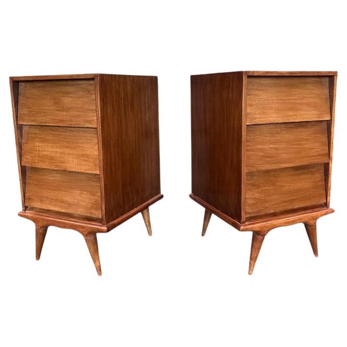 Set of 2 Night Stands with Drawers in Plywood & Ivory Wood Veneer, c. 1950s