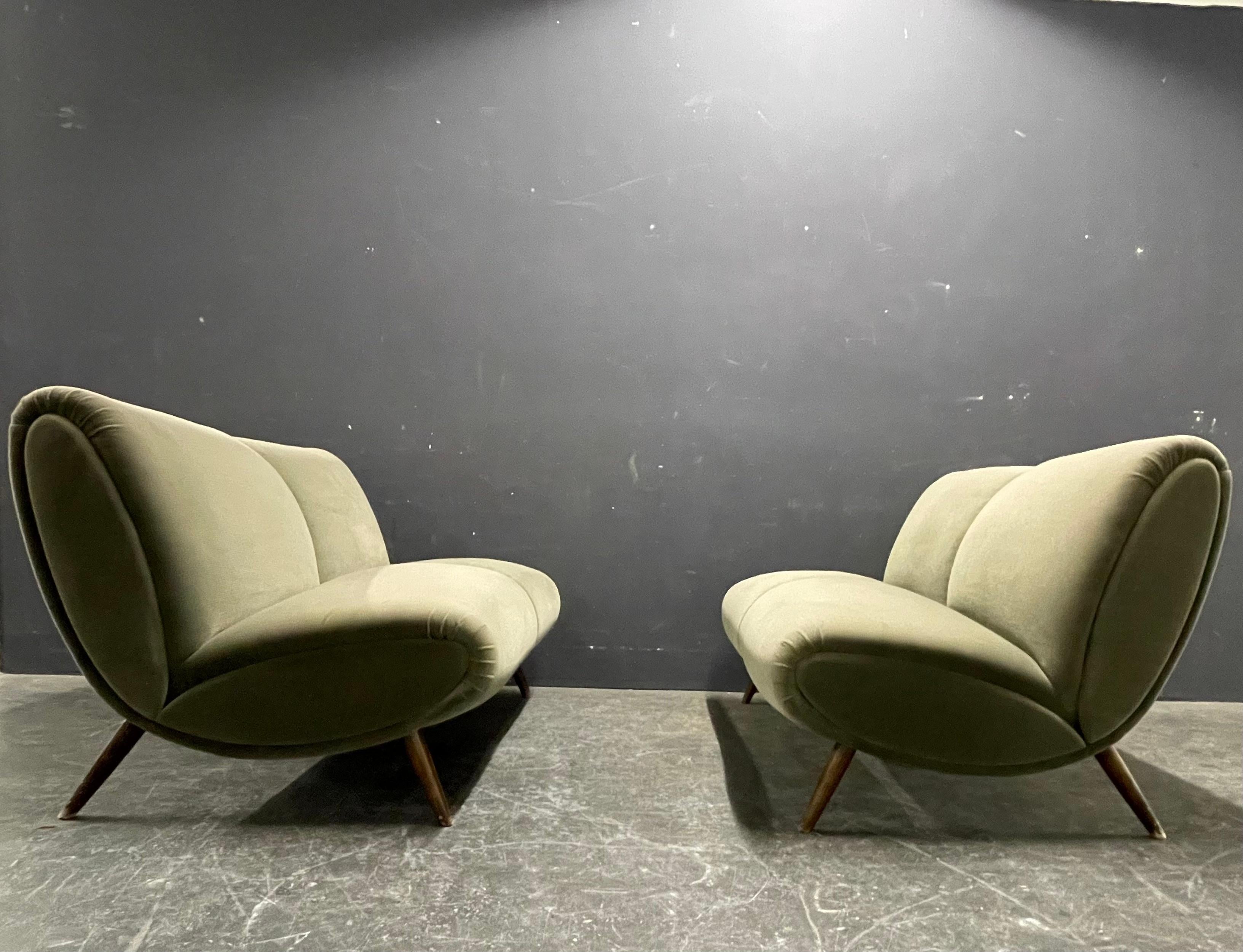 Fabric set of 2 norman bel geddes sofas For Sale