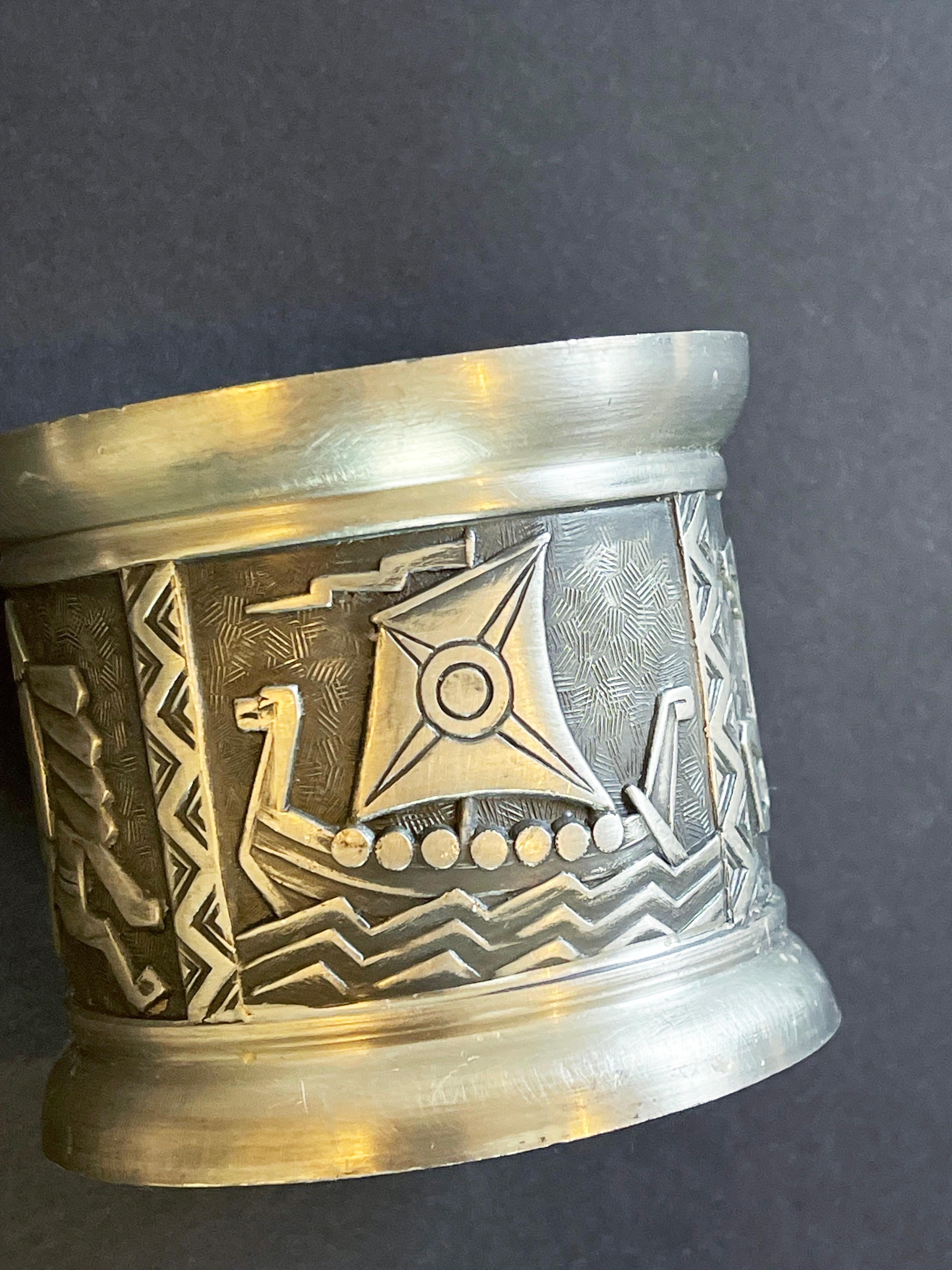 Set of 2 Norwegian Candle Holders by Mastad Pewter, Mid Century Vikings Relief For Sale 3