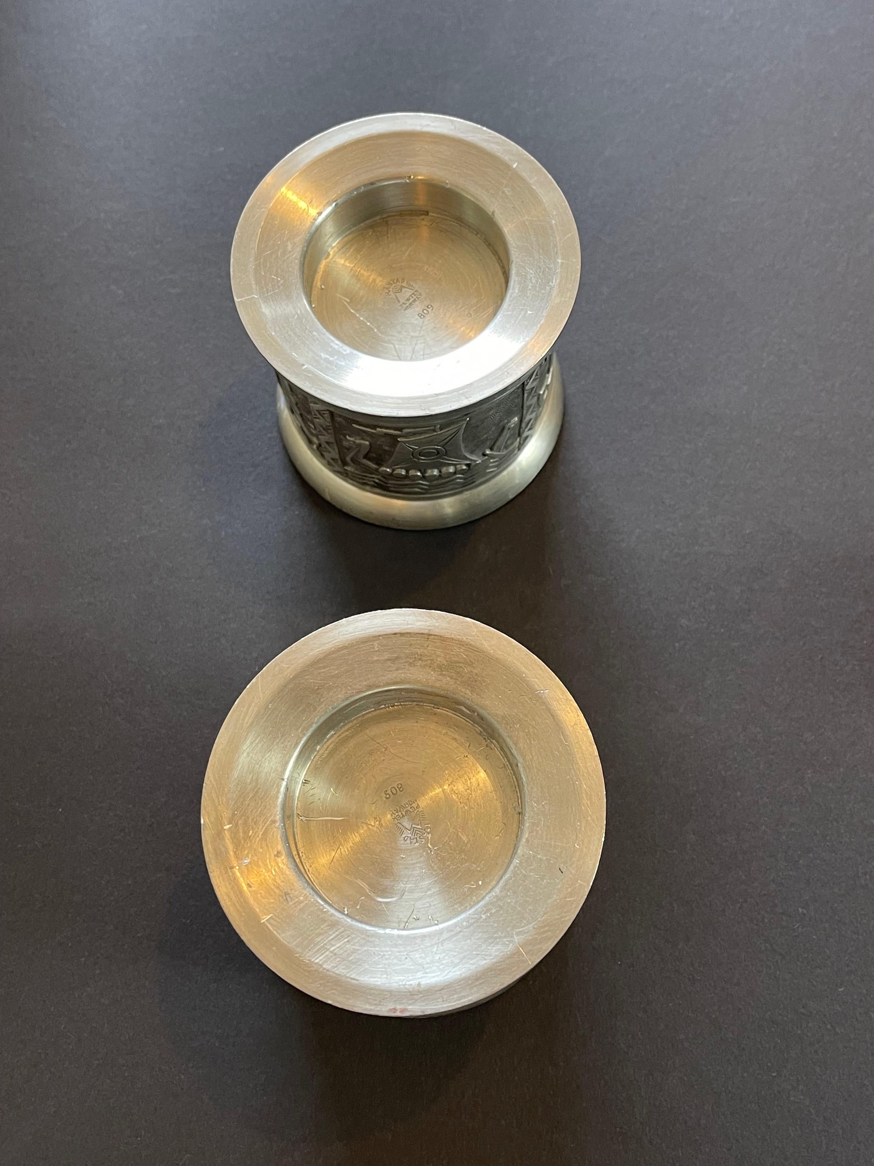 Set of 2 Norwegian Candle Holders by Mastad Pewter, Mid Century Vikings Relief For Sale 5