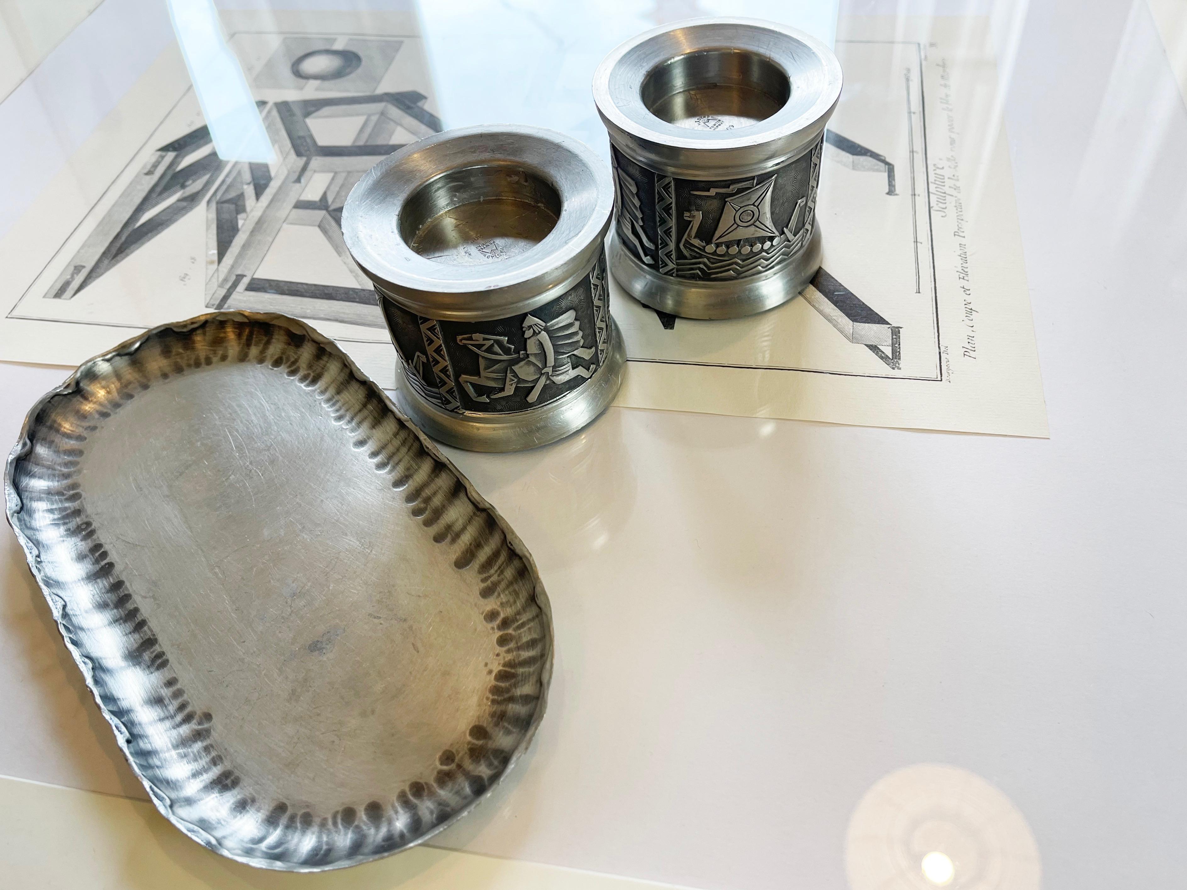 Set of 2 Norwegian Candle Holders by Mastad Pewter, Mid Century Vikings Relief For Sale 7