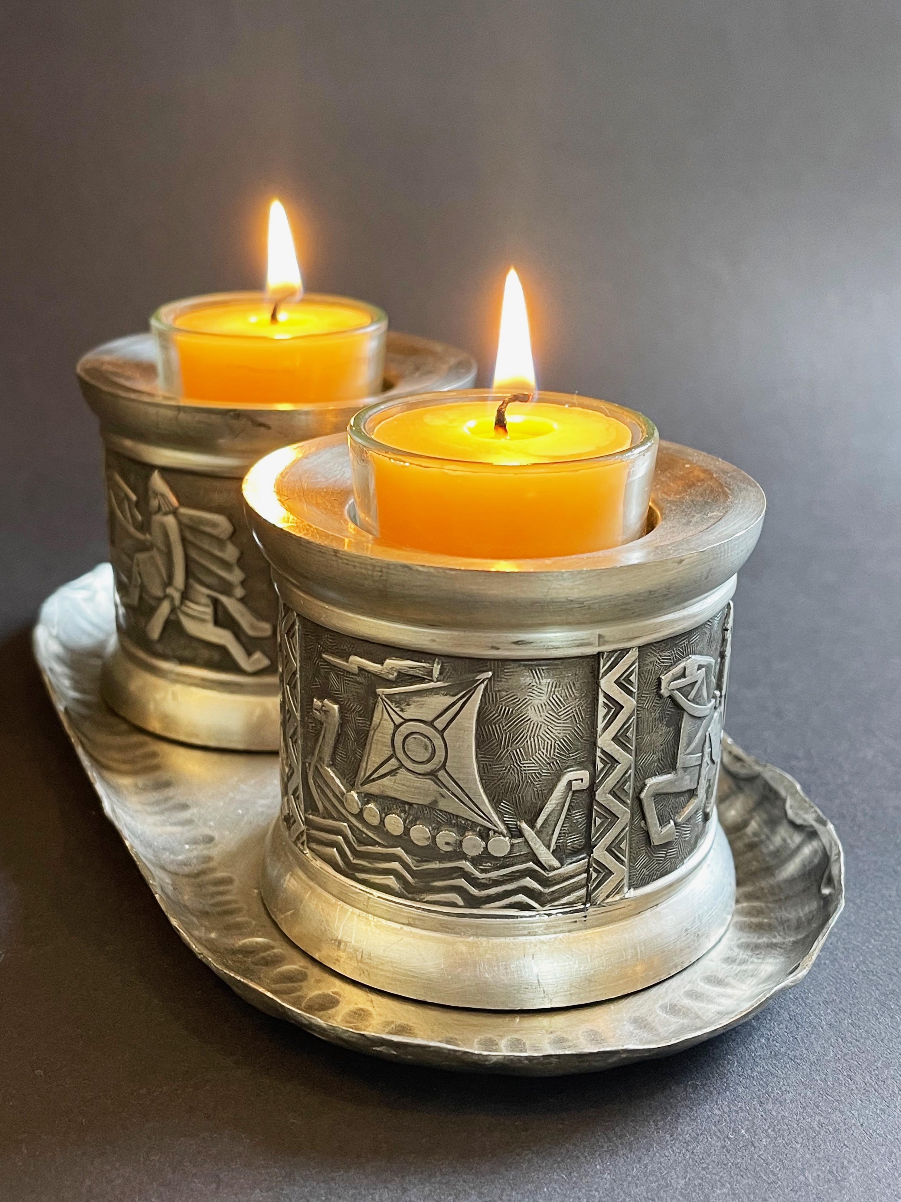 Mid-Century Modern Set of 2 Norwegian Candle Holders by Mastad Pewter, Mid Century Vikings Relief For Sale
