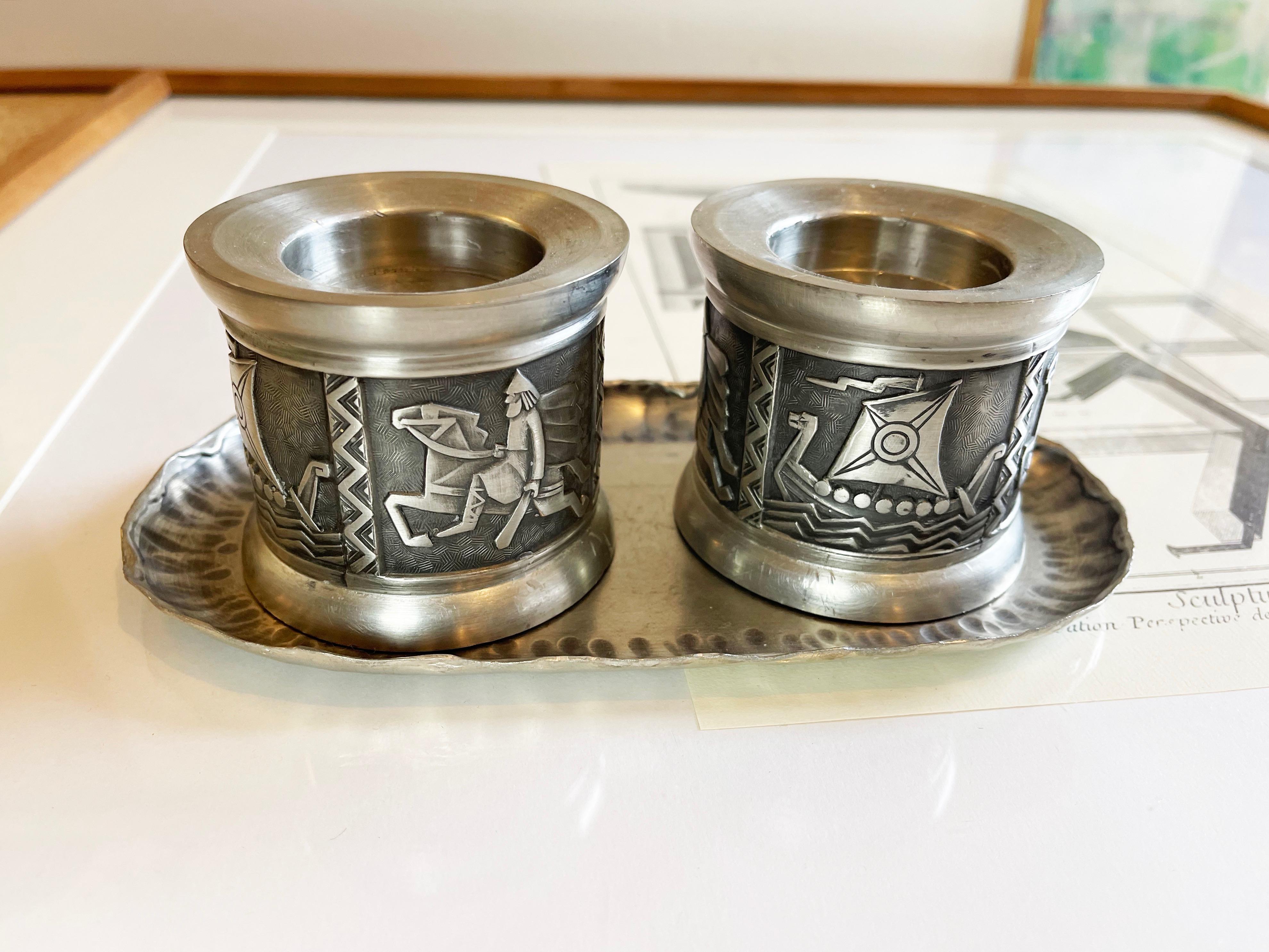 Danish Set of 2 Norwegian Candle Holders by Mastad Pewter, Mid Century Vikings Relief For Sale