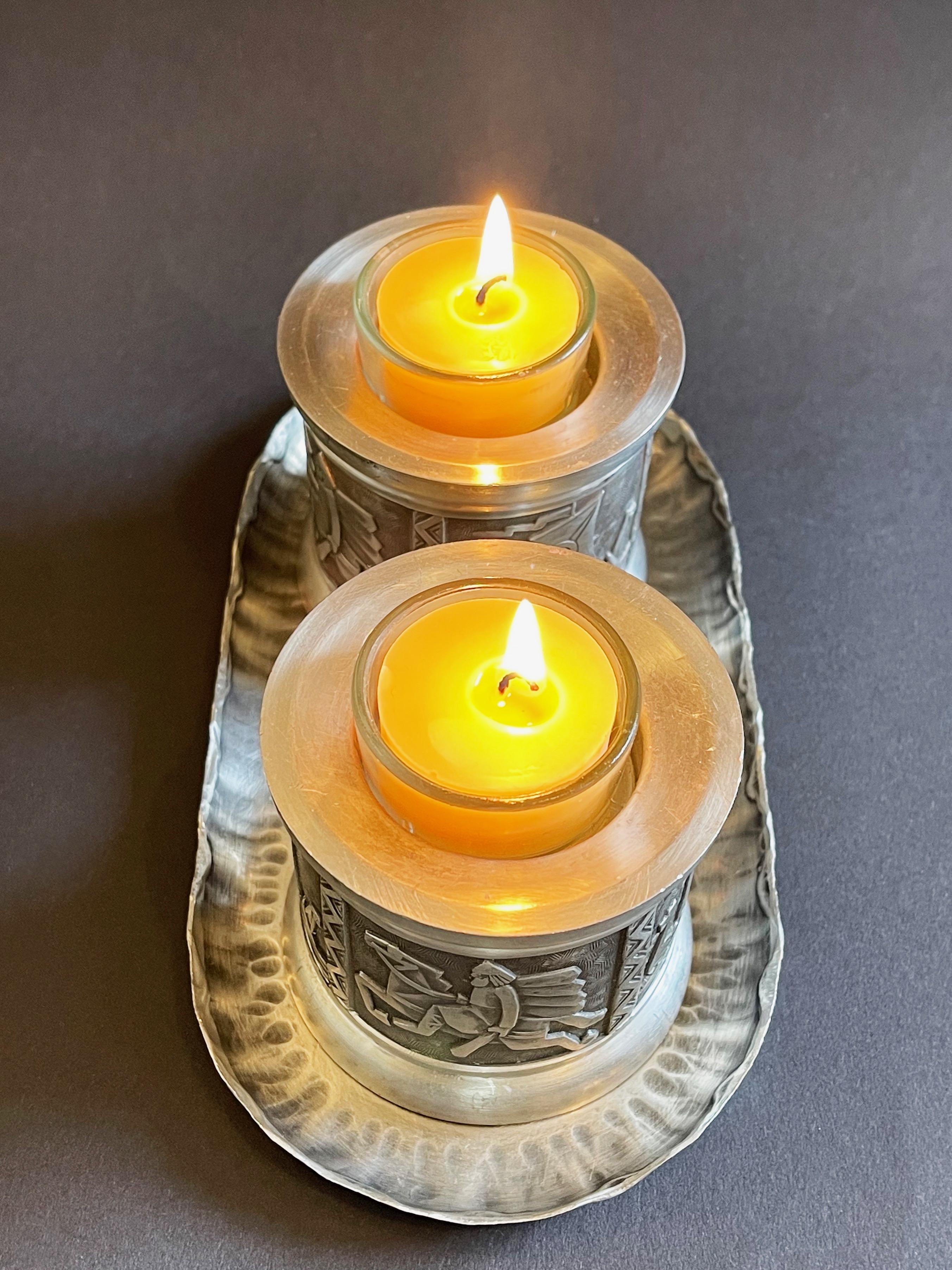 Hand-Crafted Set of 2 Norwegian Candle Holders by Mastad Pewter, Mid Century Vikings Relief For Sale