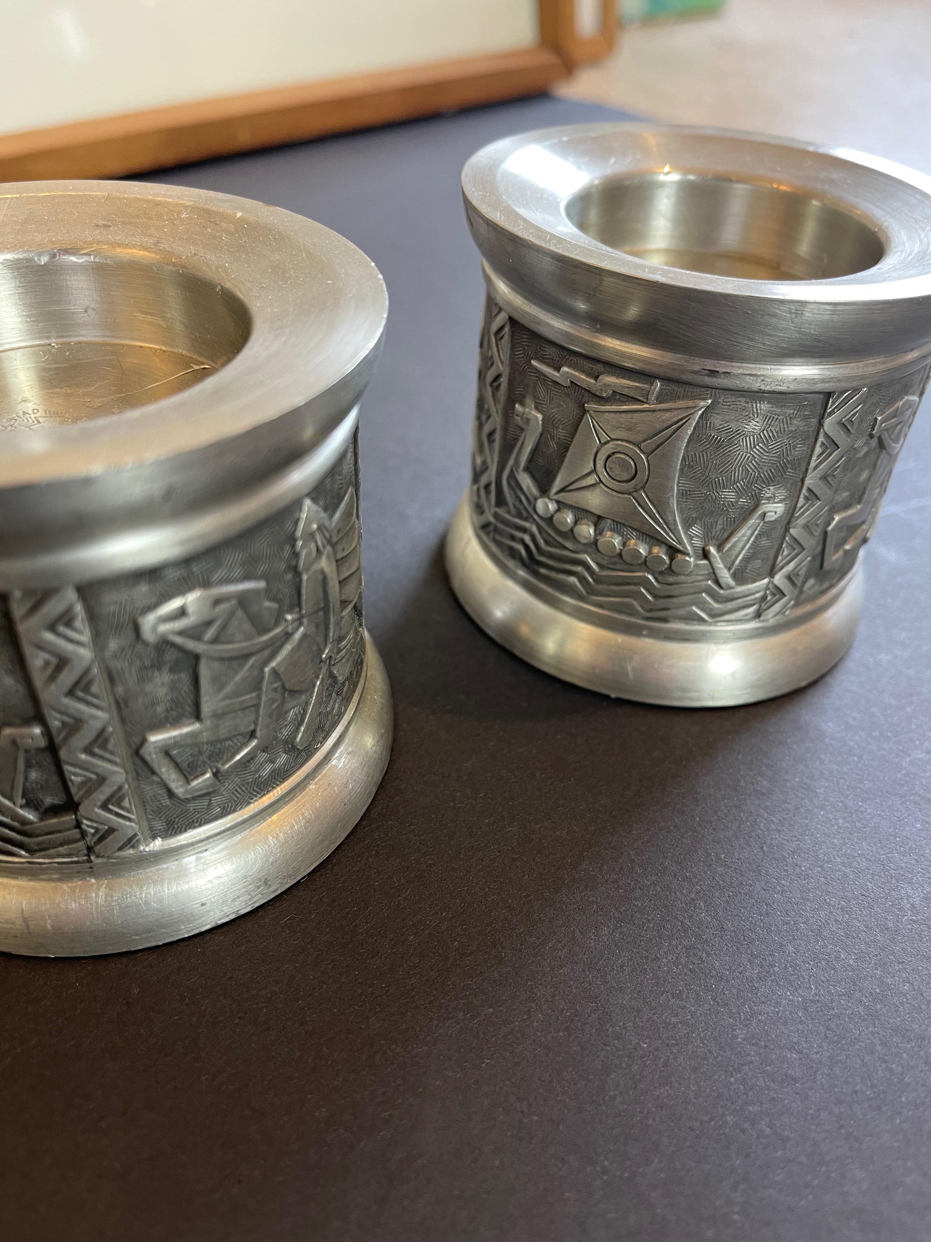 20th Century Set of 2 Norwegian Candle Holders by Mastad Pewter, Mid Century Vikings Relief For Sale