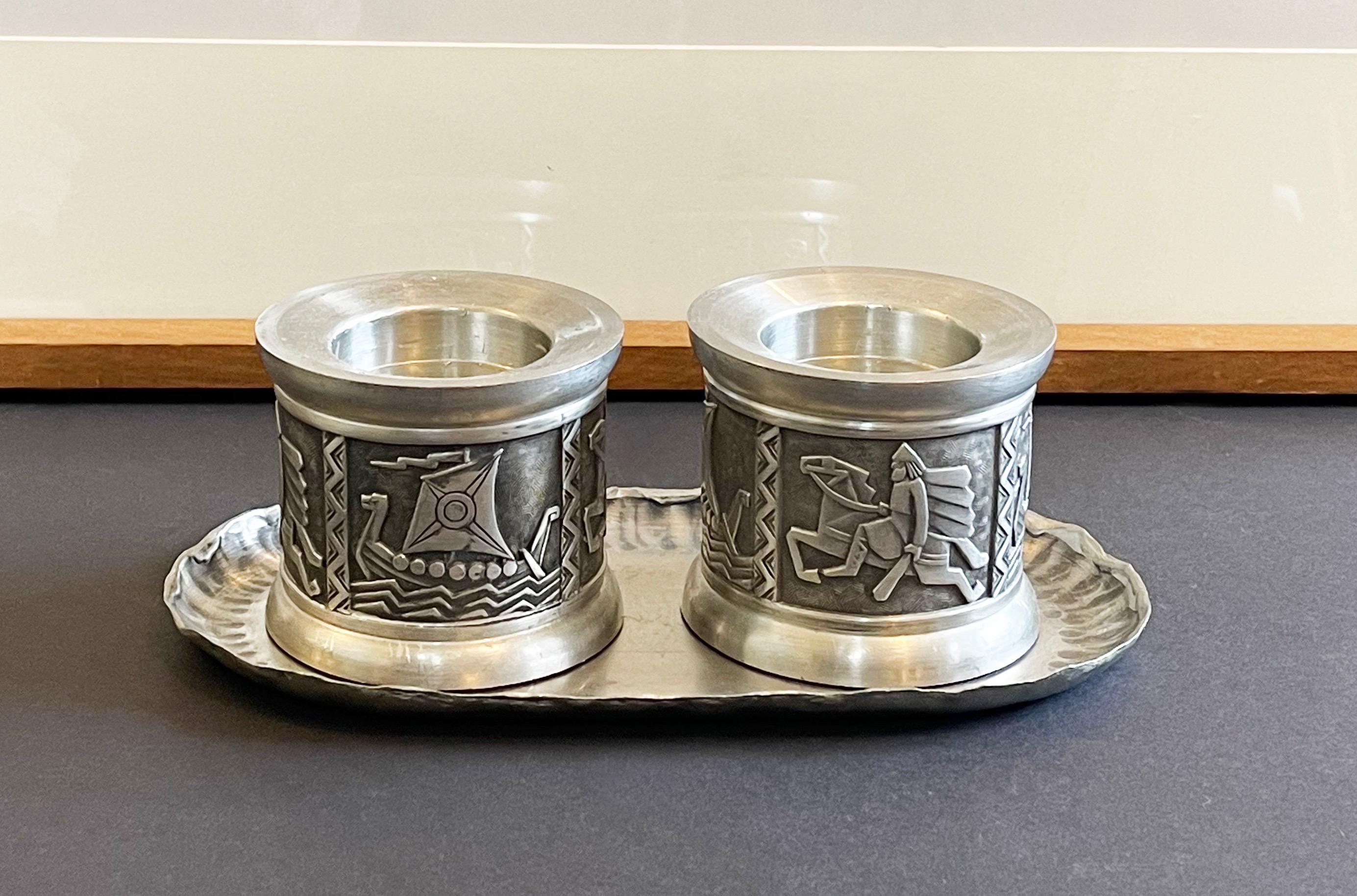 Set of 2 Norwegian Candle Holders by Mastad Pewter, Mid Century Vikings Relief For Sale 1