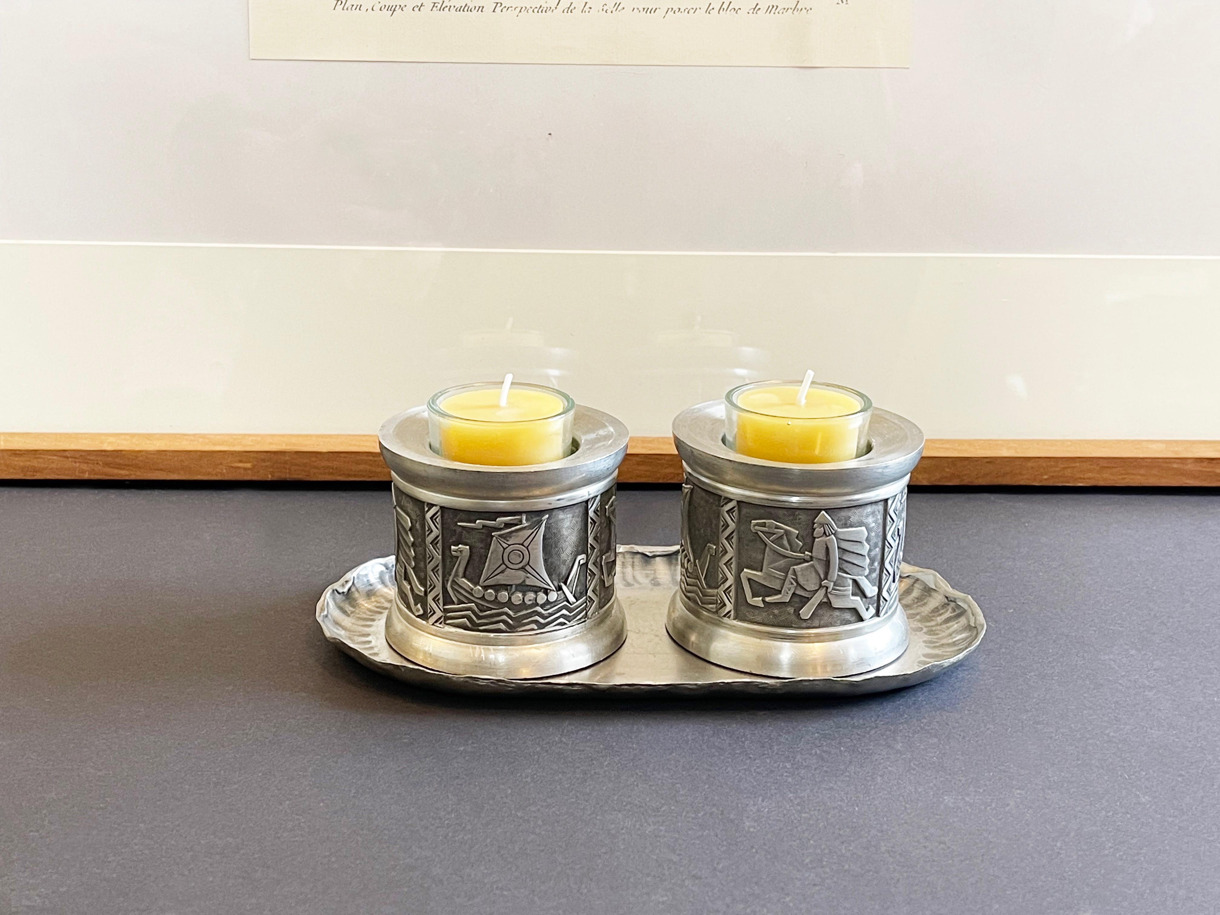Set of 2 Norwegian Candle Holders by Mastad Pewter, Mid Century Vikings Relief For Sale 2