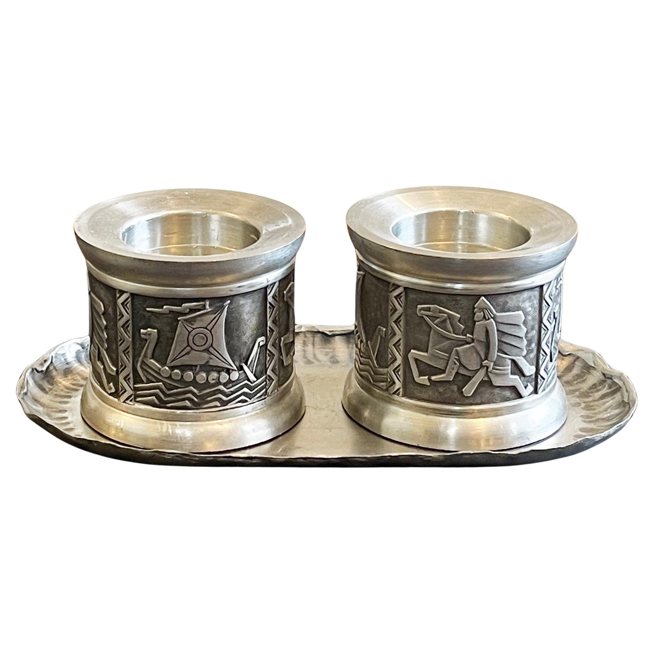 Set of 2 Norwegian Candle Holders by Mastad Pewter, Mid Century Vikings Relief For Sale
