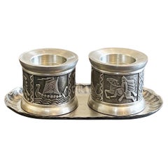 Set of 2 Norwegian Candle Holders by Mastad Pewter, Mid Century Vikings Relief