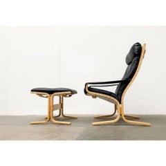 Ensemble de 2 chaises longues norvégiennes en cuir Siesta avec pouf, Ingmar Relling, années 60