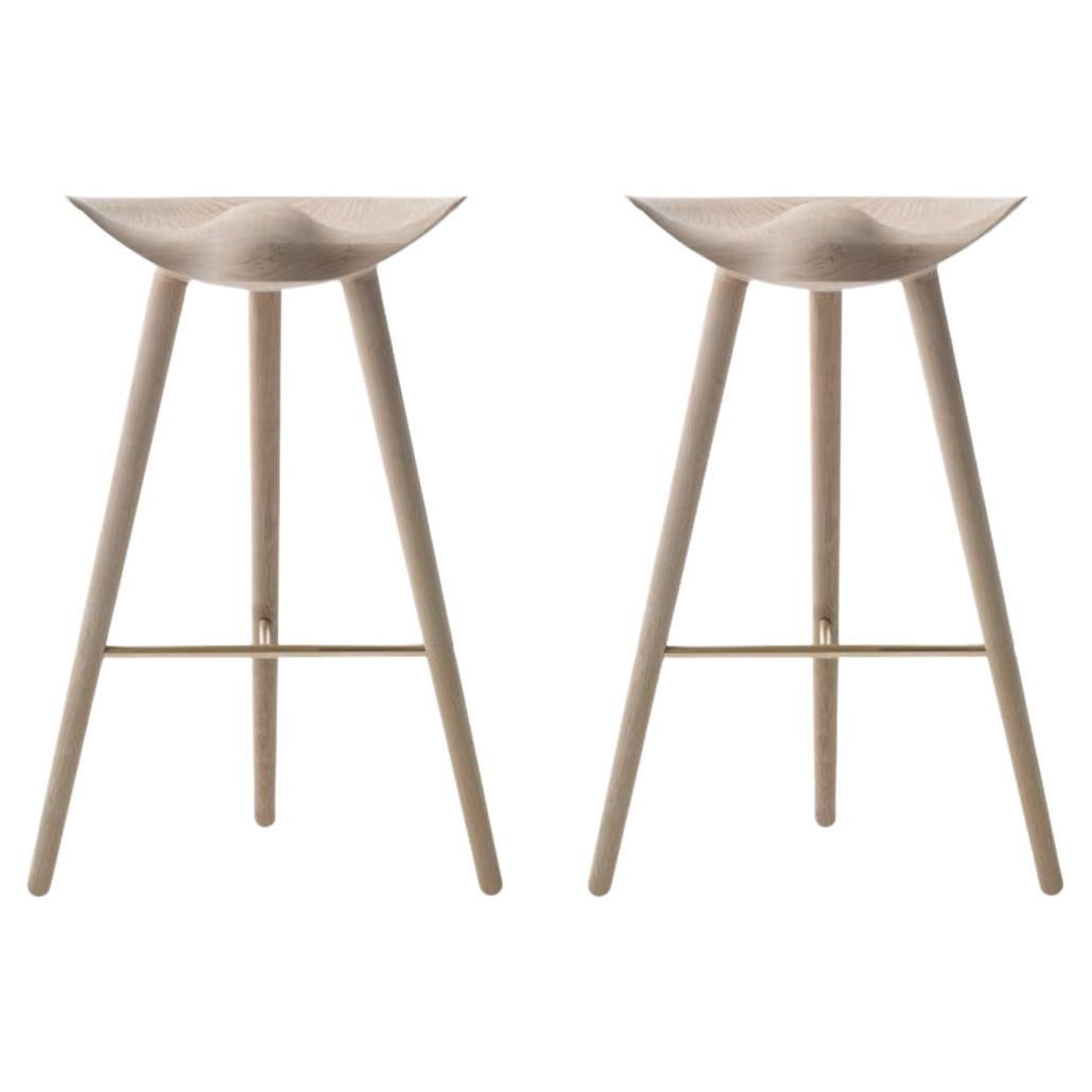 Set of 2 ML 42 Oak and Brass Bar Stools by Lassen For Sale