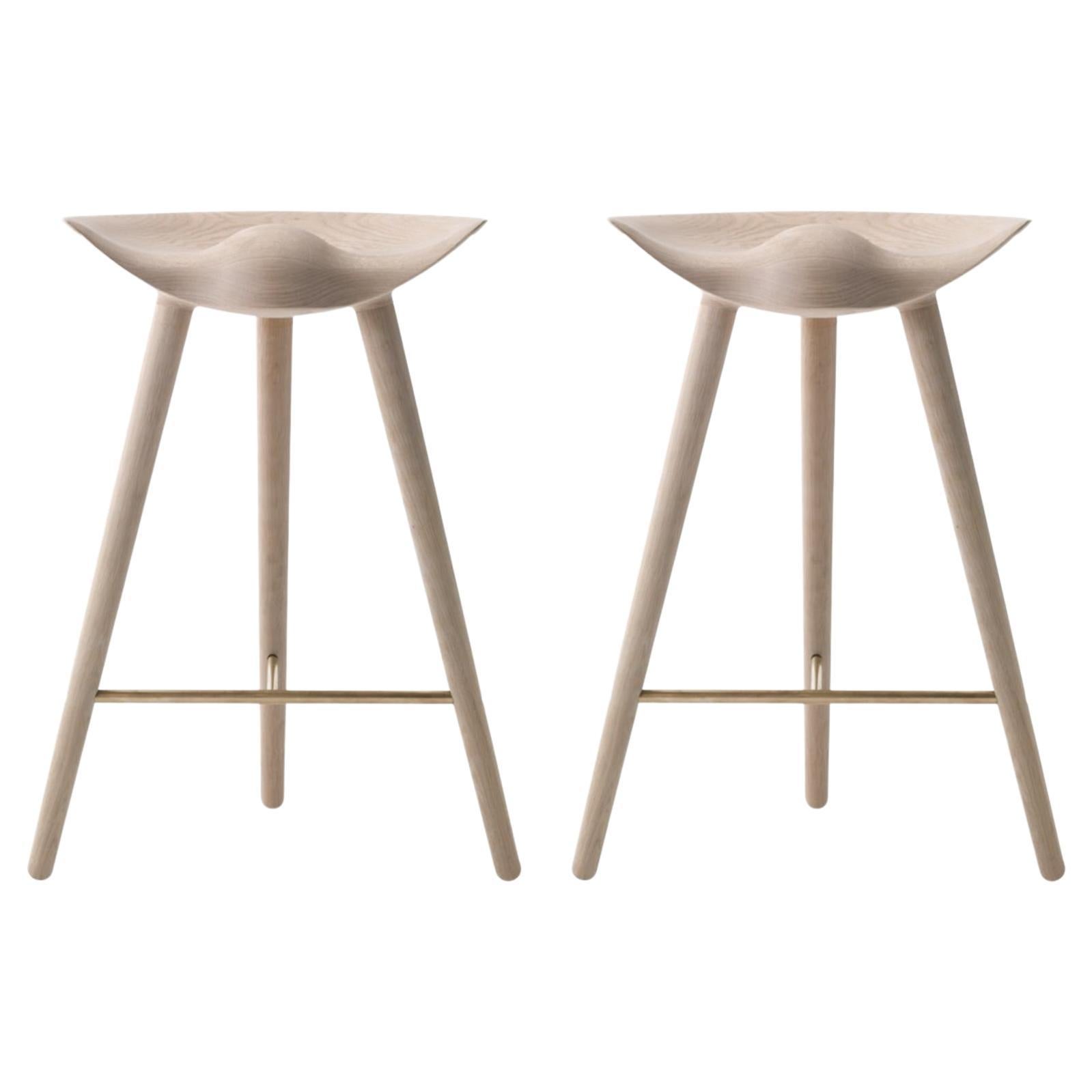 Set of 2 ML 42 Oak and Brass Counter Stools by Lassen