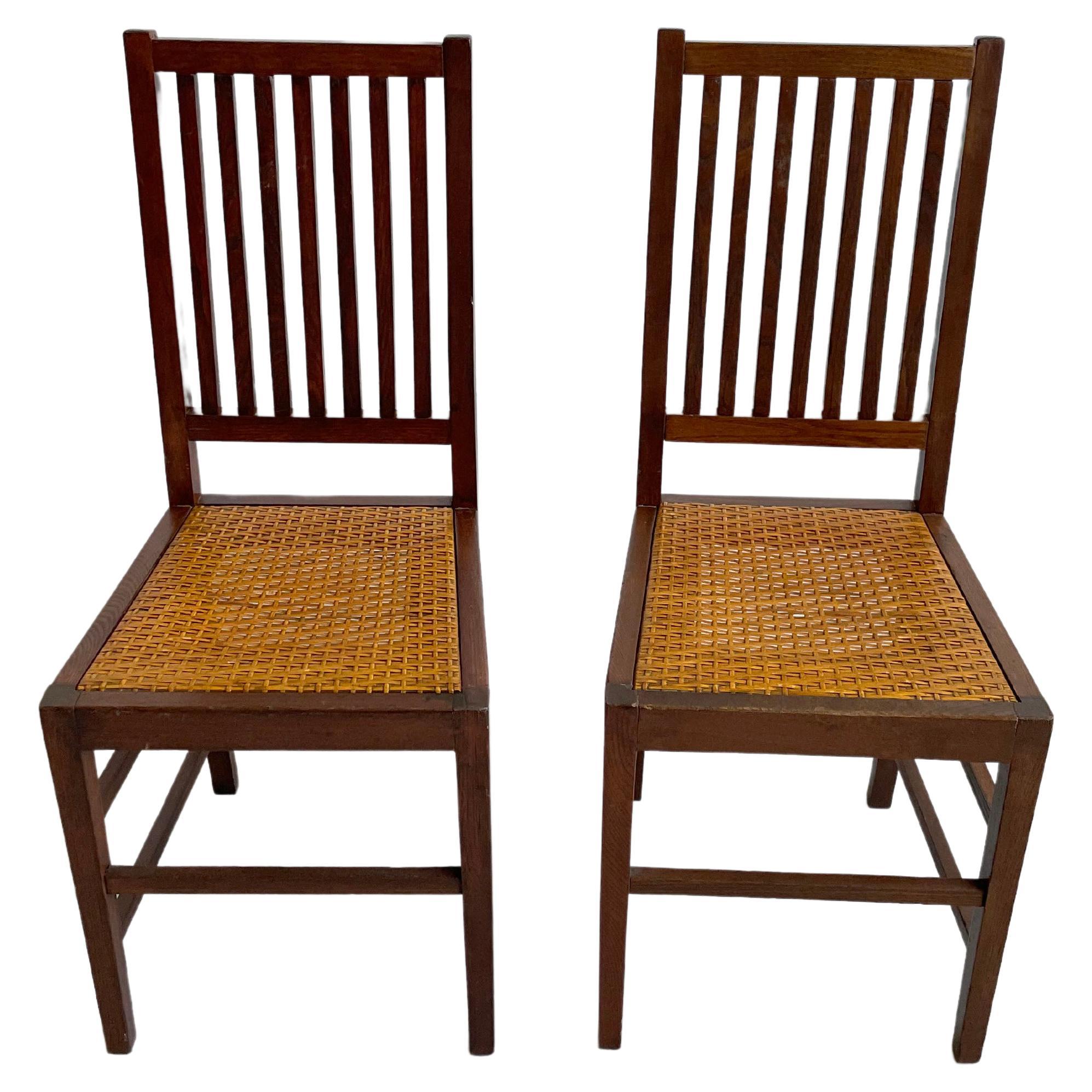 Set of 2 Oak and Cane Dining Chairs by Hans Vollmer for Prag-Rudniker Wickerwork For Sale