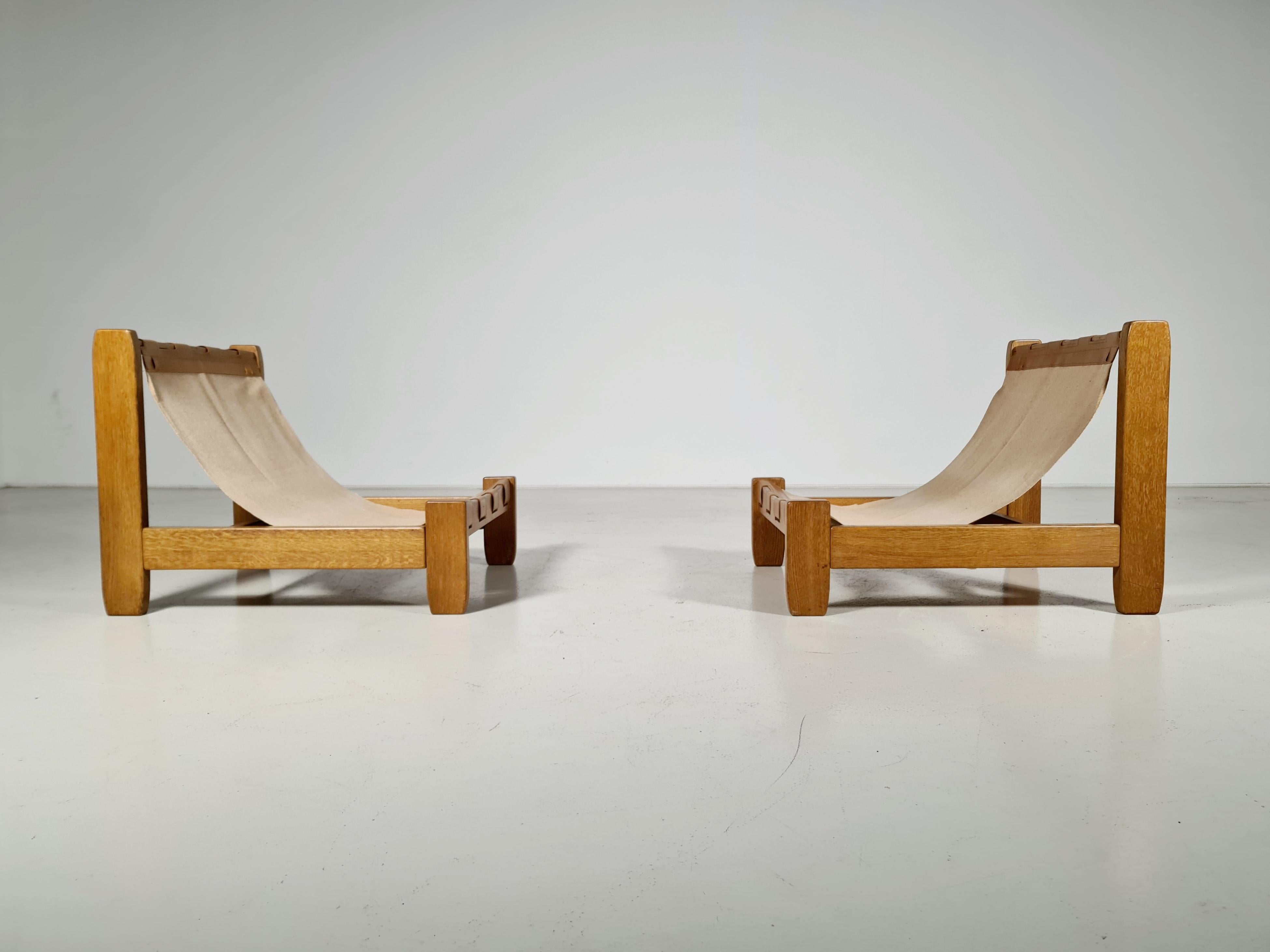 Mid-Century Modern Set of 2 Oak and Canvas Sling Chairs from France, 1970s