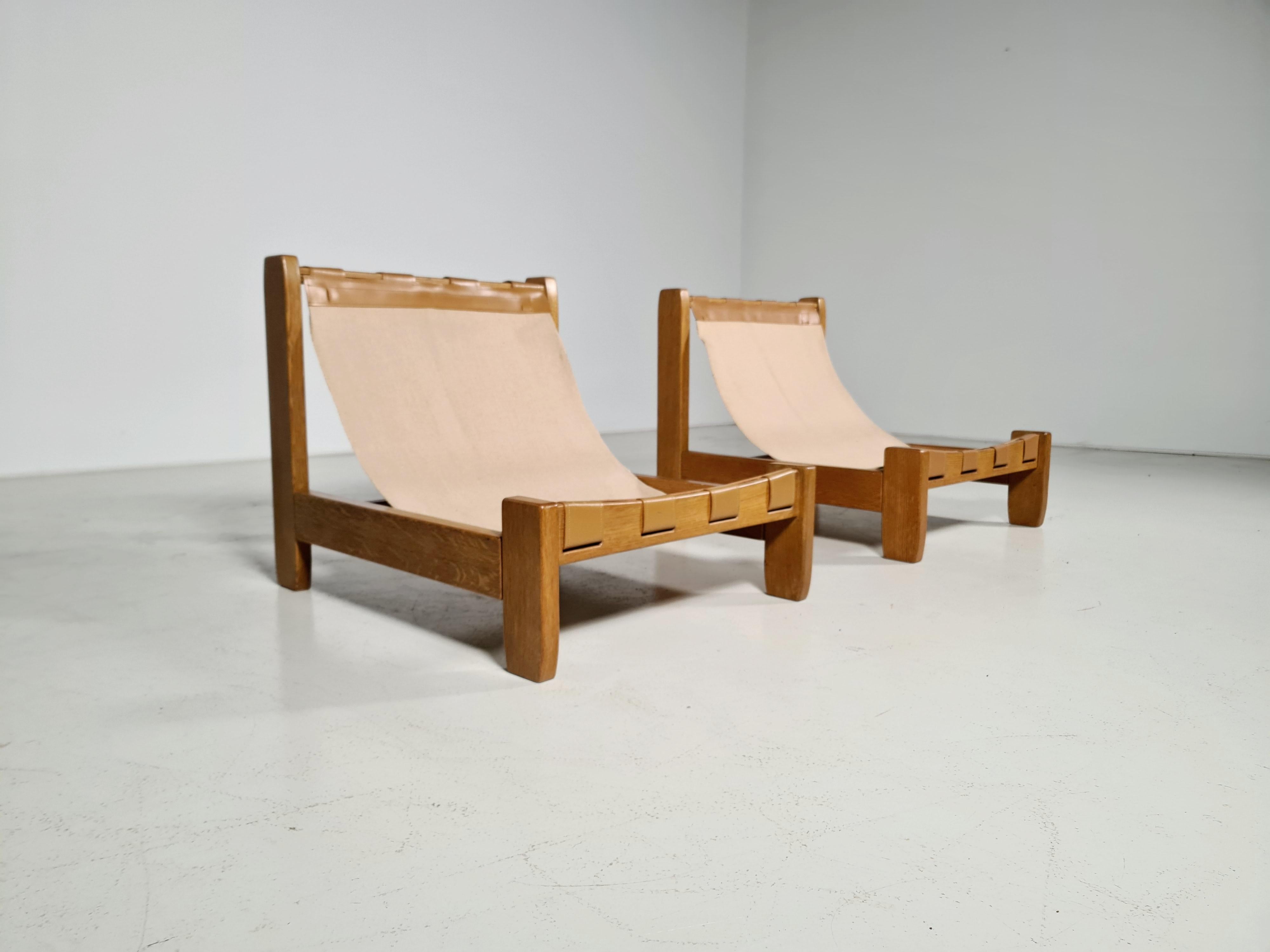 Set of 2 Oak and Canvas Sling Chairs from France, 1970s In Good Condition In amstelveen, NL