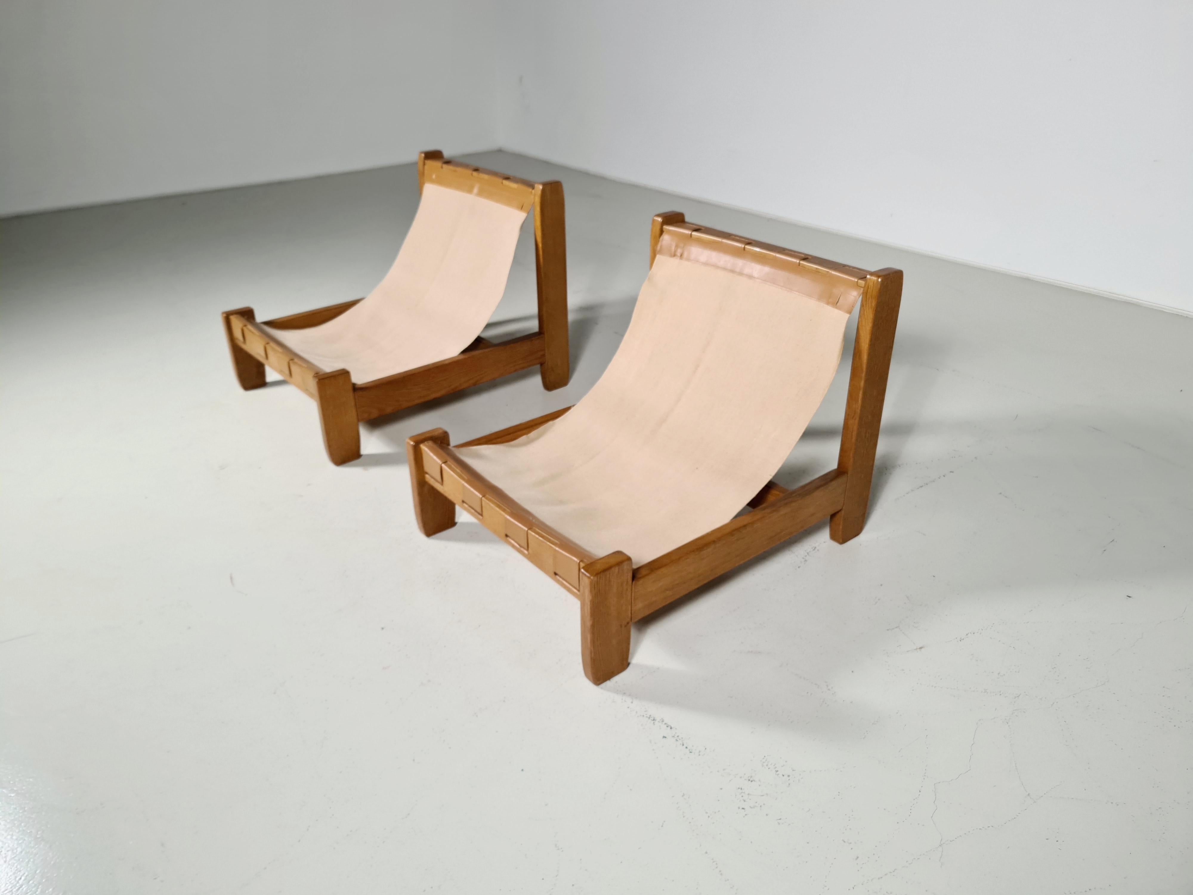 Late 20th Century Set of 2 Oak and Canvas Sling Chairs from France, 1970s