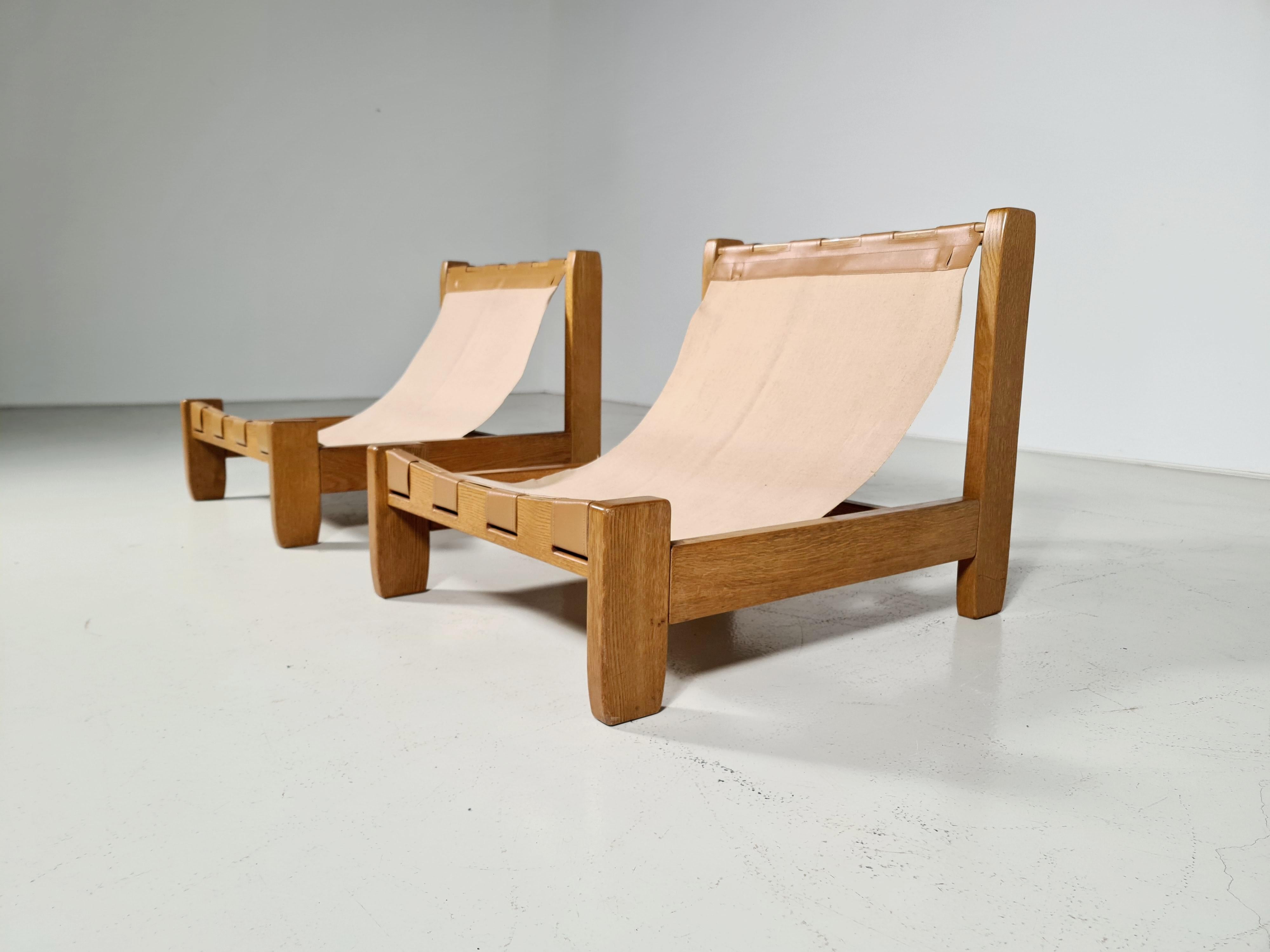 Set of 2 Oak and Canvas Sling Chairs from France, 1970s 1