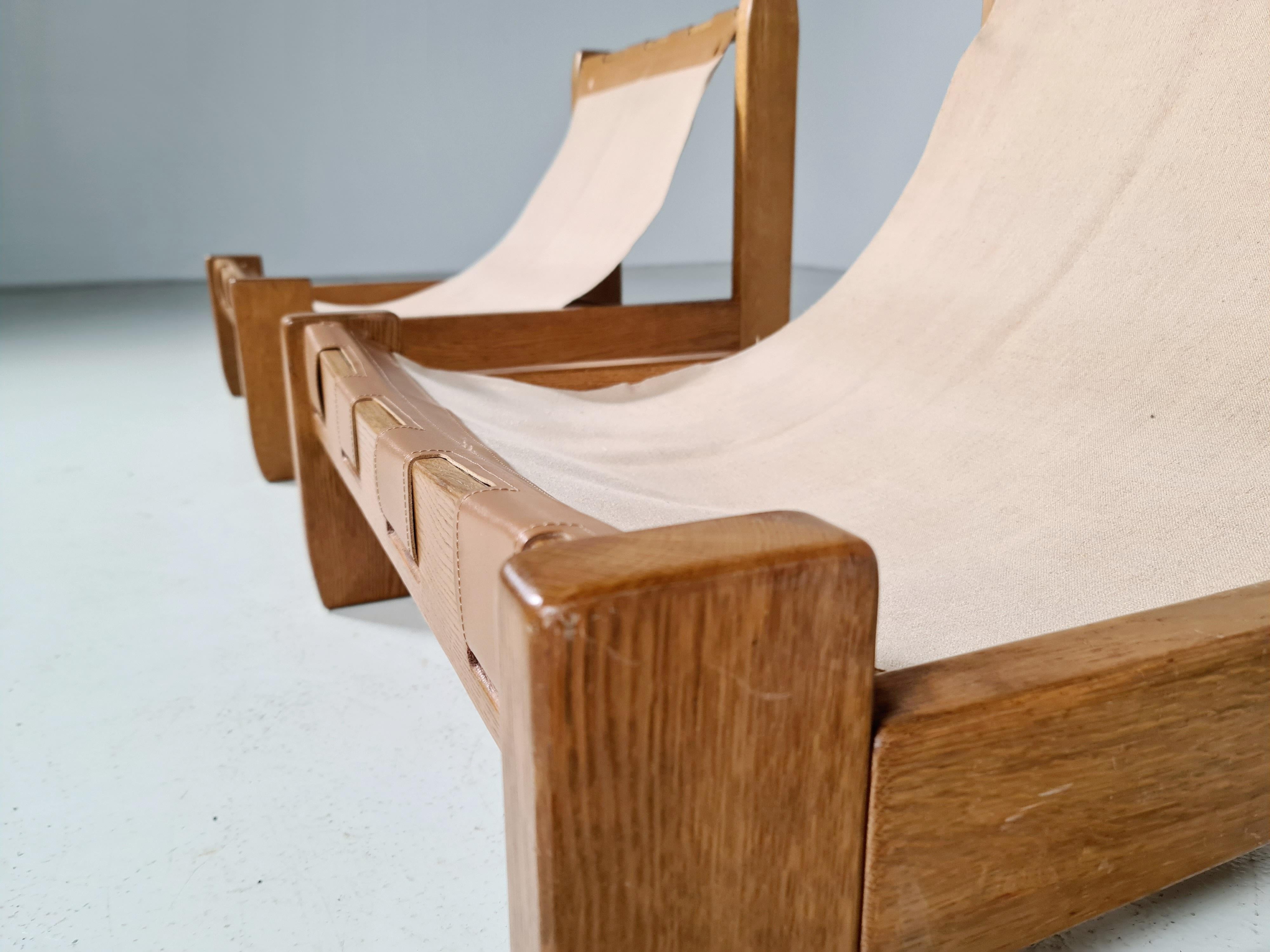 Set of 2 Oak and Canvas Sling Chairs from France, 1970s 2