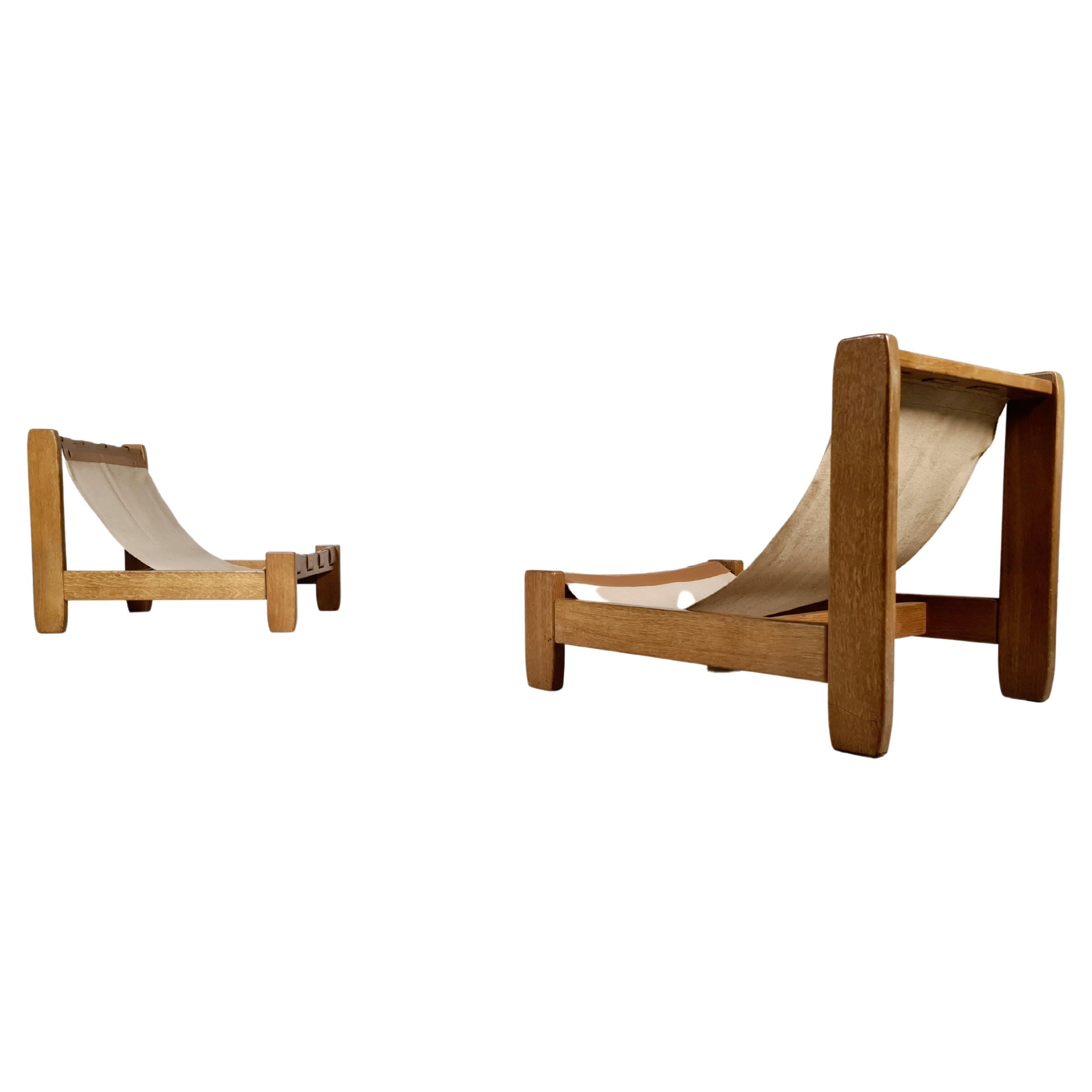 Set of 2 Oak and Canvas Sling Chairs from France, 1970s
